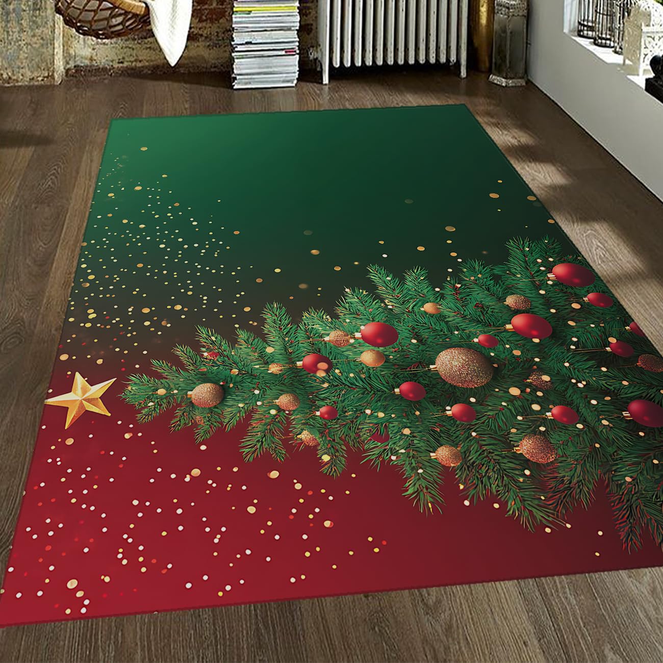 Czerwony i zielony 160 x 220 cm Dywan Kolorowy obszar Bombki Boże Narodzenie Wzór Choinka Przytulne Dywany Podłoga Zmywalna Niska Stos do Salonu Sypialni