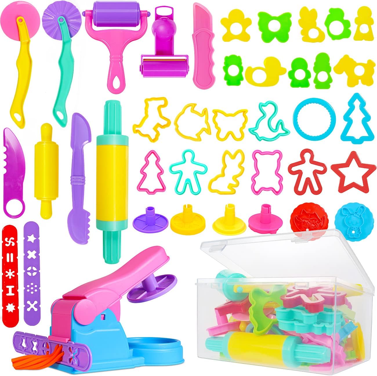 Jiosdo Dough Tools and Cutters, 40 Pcs Kids Toddlers Modeling Clay Tools Set, Plastic Accessories Extruders Rollers Molds with Storage Box, Creation Educational Toy Gift Set