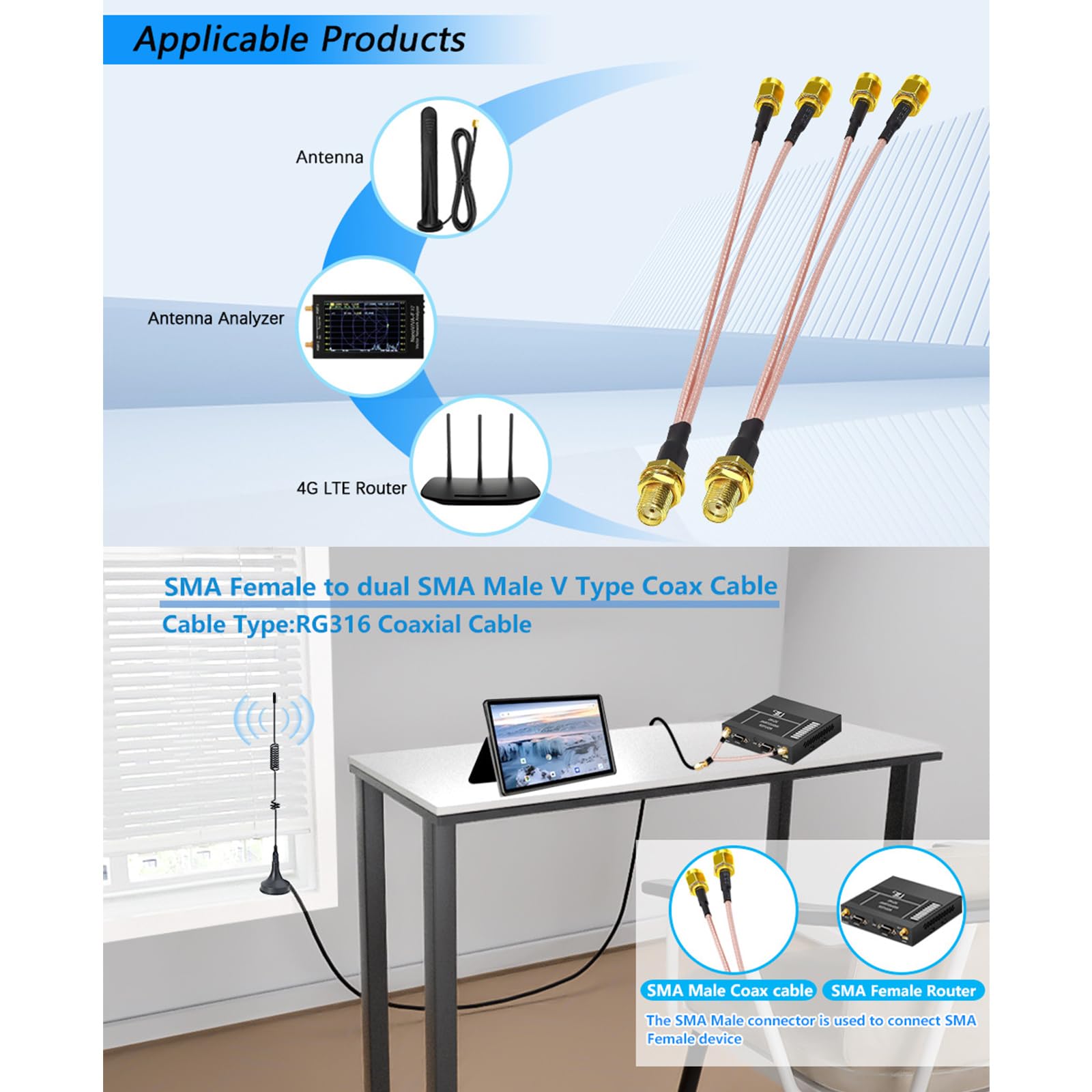 QIEIEI Y Splitters Cable Female to Double Male RG316 Extension Cable Adapters Connectors for 3G Routers Networking