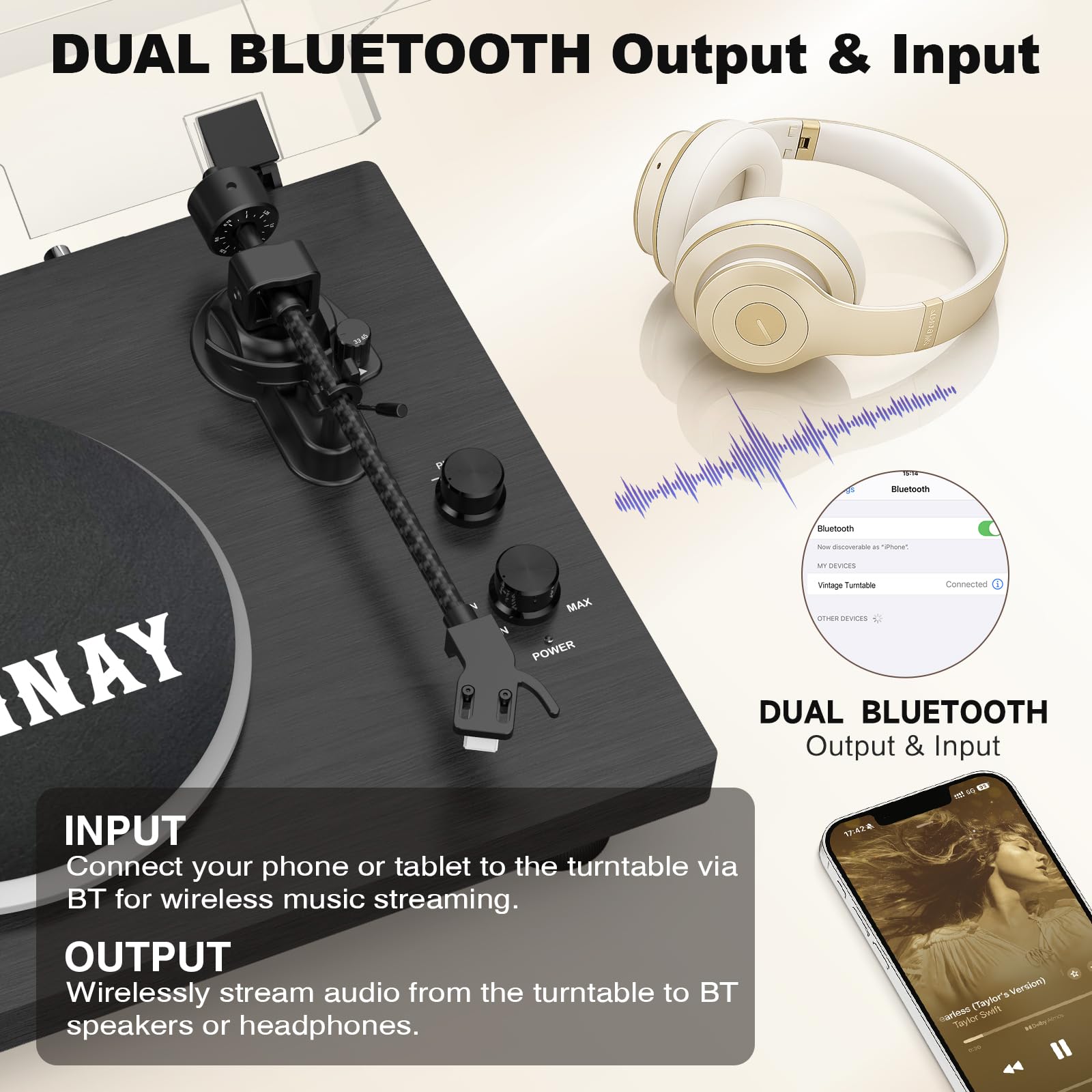 Trynnay Tocadiscos con contrapeso Ajustable, Entrada/Salida Bluetooth, 33/45 RPM, Reproduce Discos de Vinilo de 7/10/12 Pulgadas, Sonido Hi-Fi para Amantes de la música de Vinilo, Negro