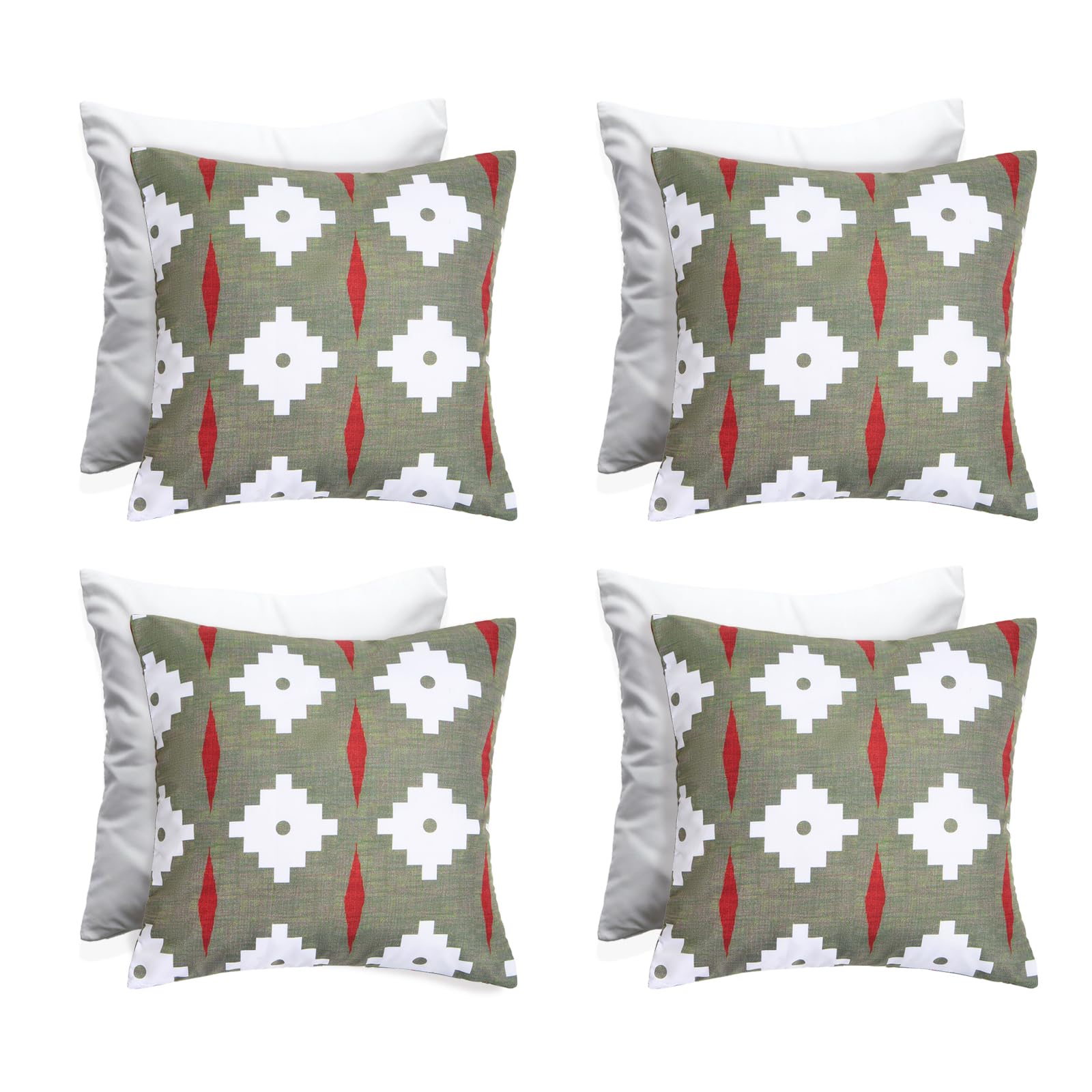 OHS Geometric Cushions with Covers Included 45 x 45cm Set of 4 Outdoor Cushions Waterproof Soft Decorative Patio Garden Bench Cushion Home Decor Outdoor Pillows with Invisible Zipper, Olive