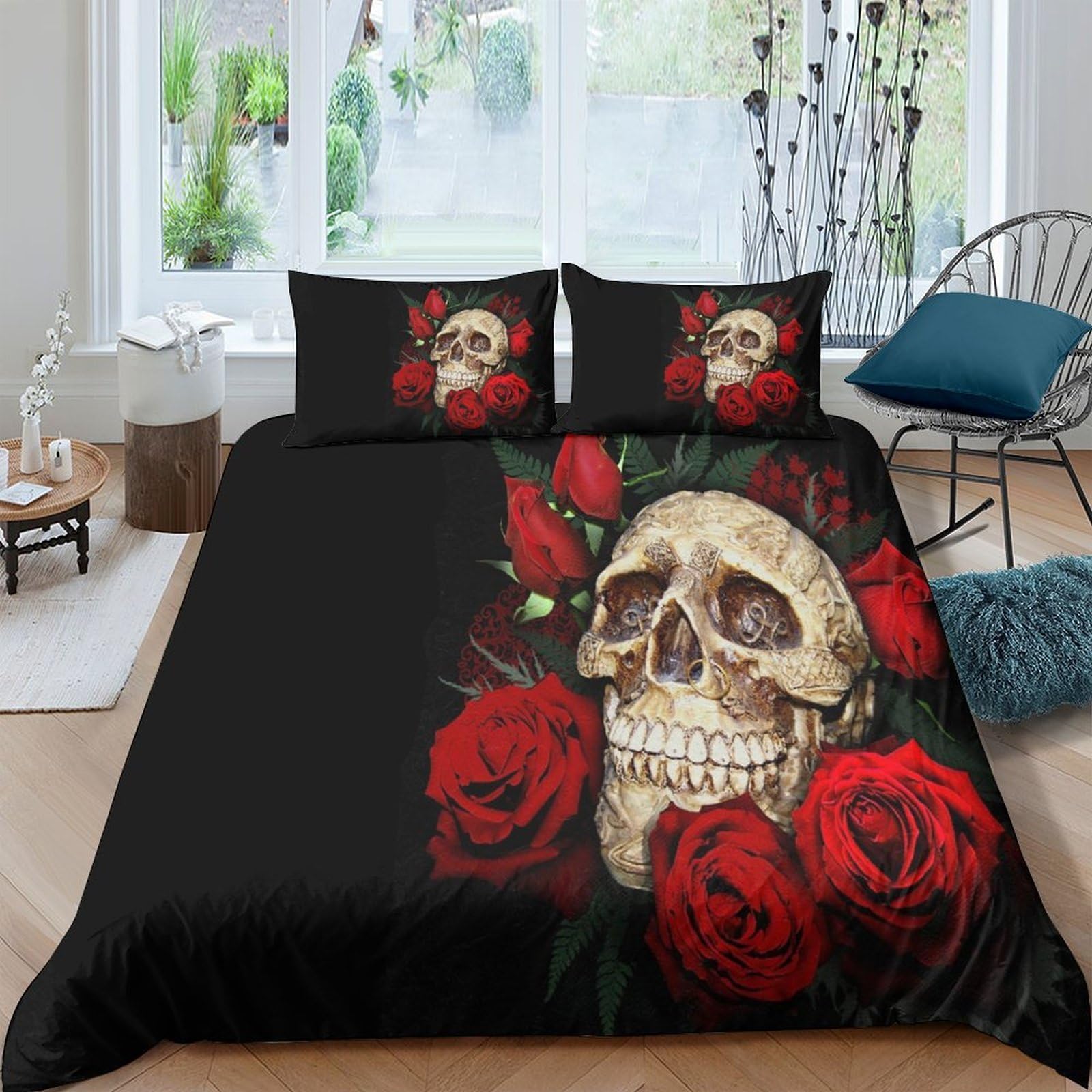 TUFRTGYHN 3D Printed Skull Rose Duvet Cover Microfiber Soft Breathable Gothic Floral Bedding Set with 2 Pillowcases for Bedroom Decor Single（135x200cm）