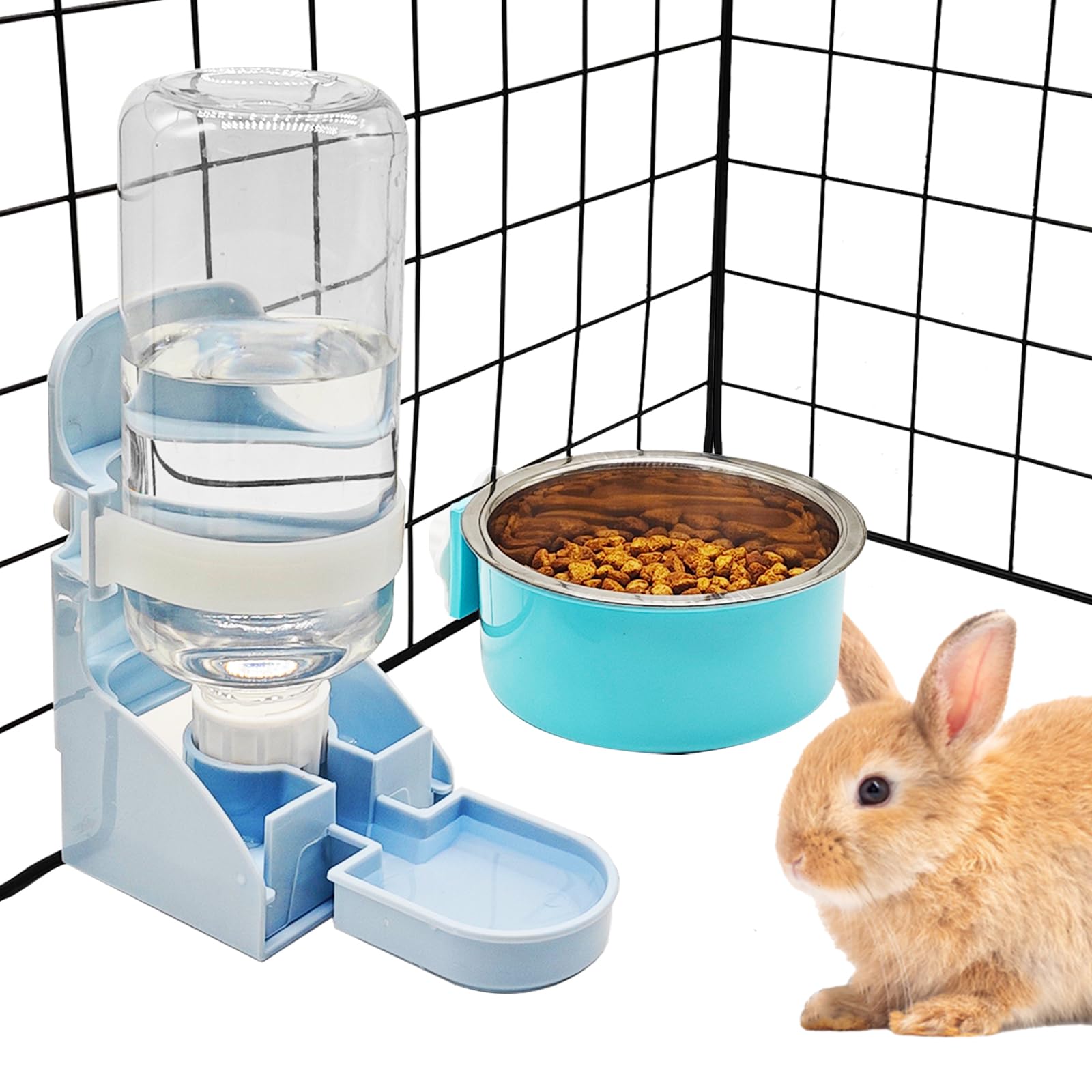 Rabbit Water Bottle Ferret Food Bowl Bunny Water Dispenser Stainless Steel Food Dish Hanging Drinking Fountain Drinker Feeder Crate Bowl Feeder Cup for Guinea Pig Hedgehog Chinchilla
