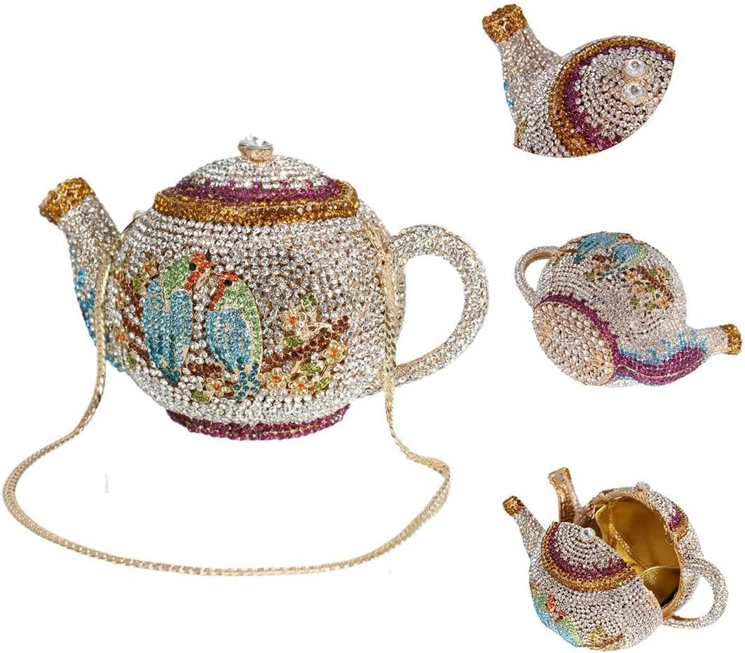 Funny Teapot Rhinestone Evening Bag Sparkly Birds Floral Diamond Crystal Clutch Purse for Women Evening Party