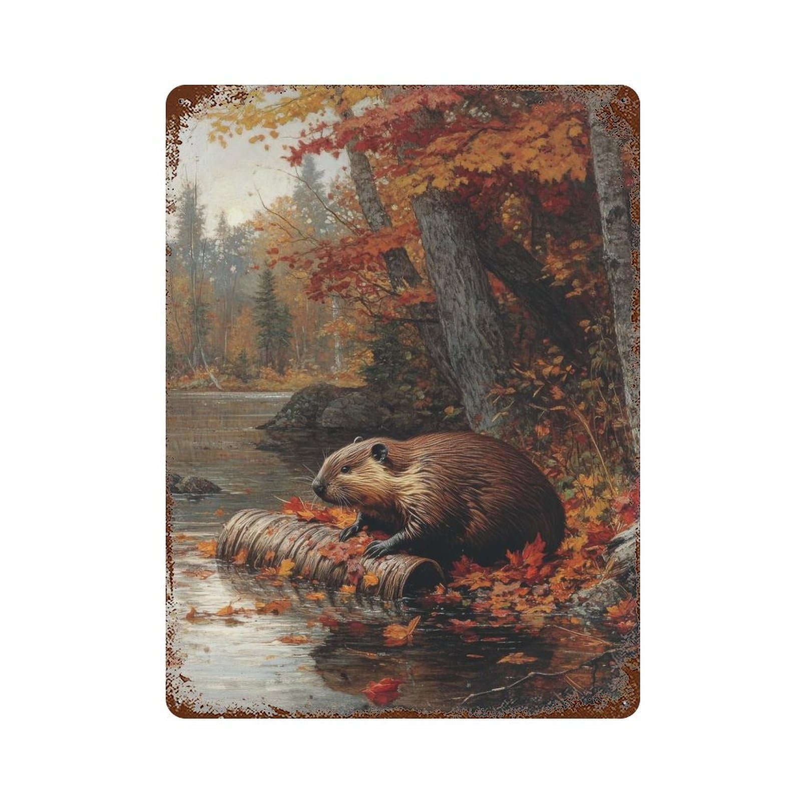 Beaver in Autumn Forest 15.7"x11.8" Vintage Rust Metal Sign, Shabby Chic Decor for Garage, Bar And Workshop Decor