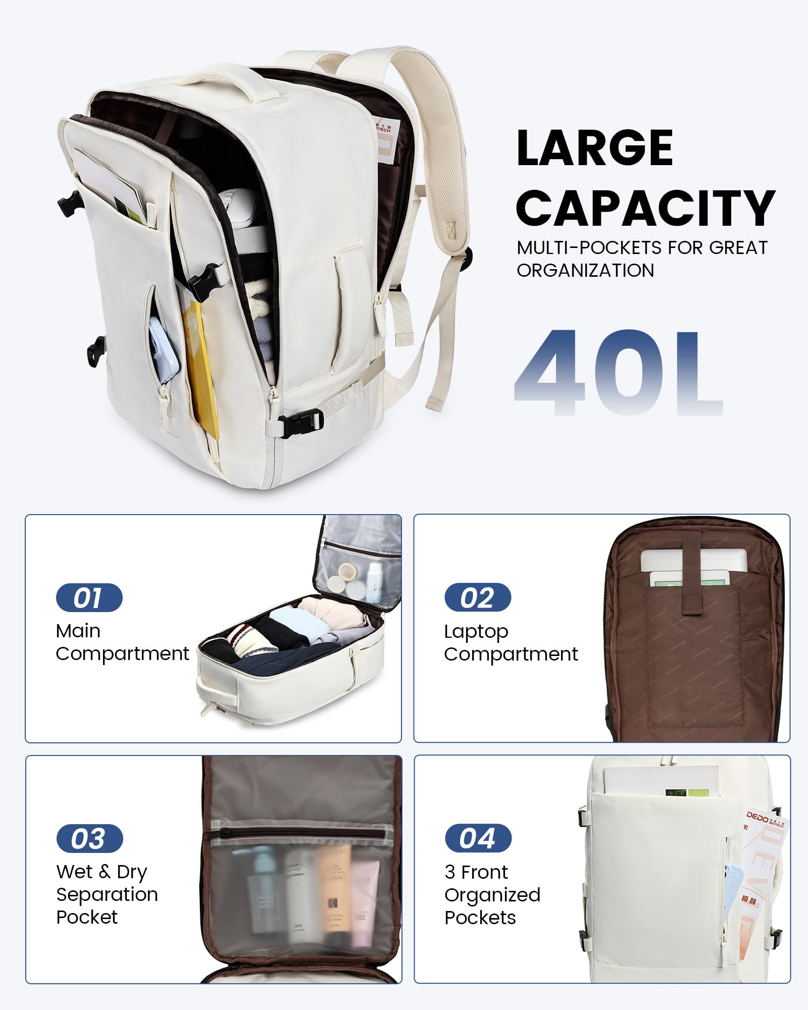 LOVEVOOK Zaino da Viaggio Aereo Bagaglio a Mano 40L Grande Borsa da Cabina per Voli Impermeabile Antifurto Zaino Viaggio Uomo Donna 17,3 Pollici Zaino Porta PC per Scuola Lavoro Trekking, Beige