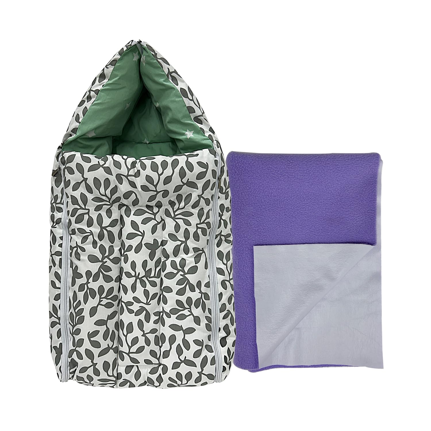 Kridlo 3-in-1 Baby Sleeping Bag & Waterproof Cot Sheet Set | Hypoallergenic, Soft & Lightweight Bedding for Newborns | Quick-Dry Extra Absorbent Mattress | Pack of 2 (Grey Nest with Purple Dry Mat)