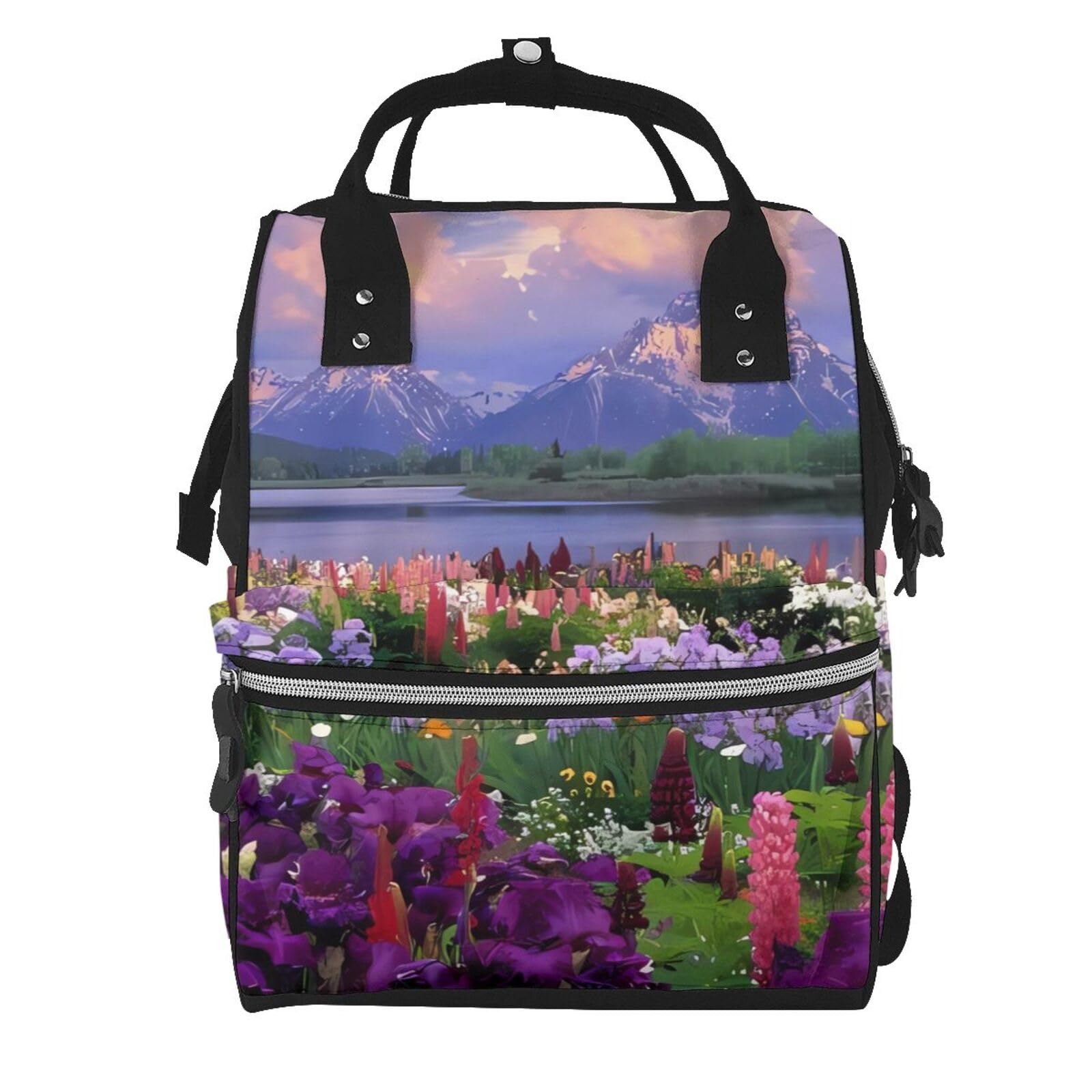 Sac à langer imprimé fleurs sac à dos momie noir imperméable de grande capacité - 7