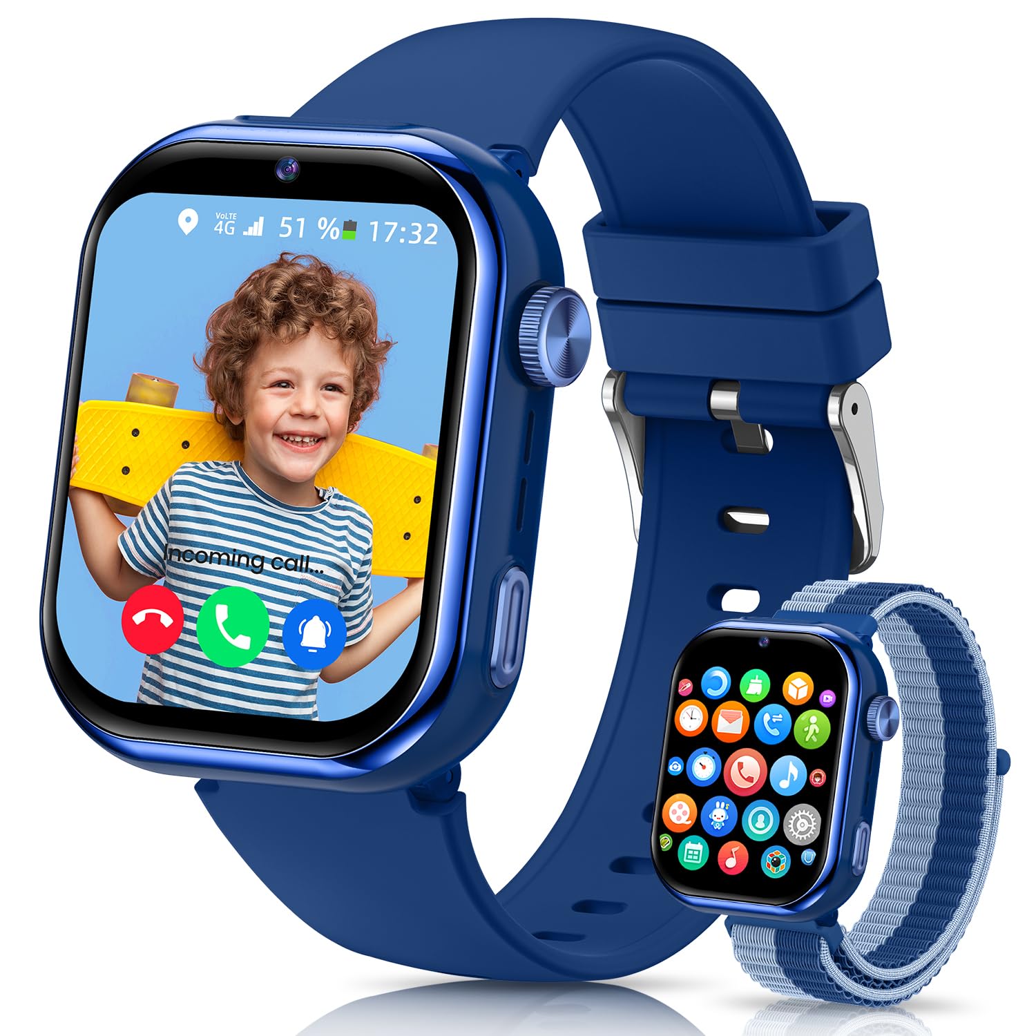 4G Reloj Inteligente Niña, IP68 Impermeable Smartwatch Niñas con GPS y Llamadas, Doble Cámara, Videollamada, Chat de Voz, SOS, Modo Escuela, Linterna, Podómetro Reloj Inteligente Niñas y Niños Azul