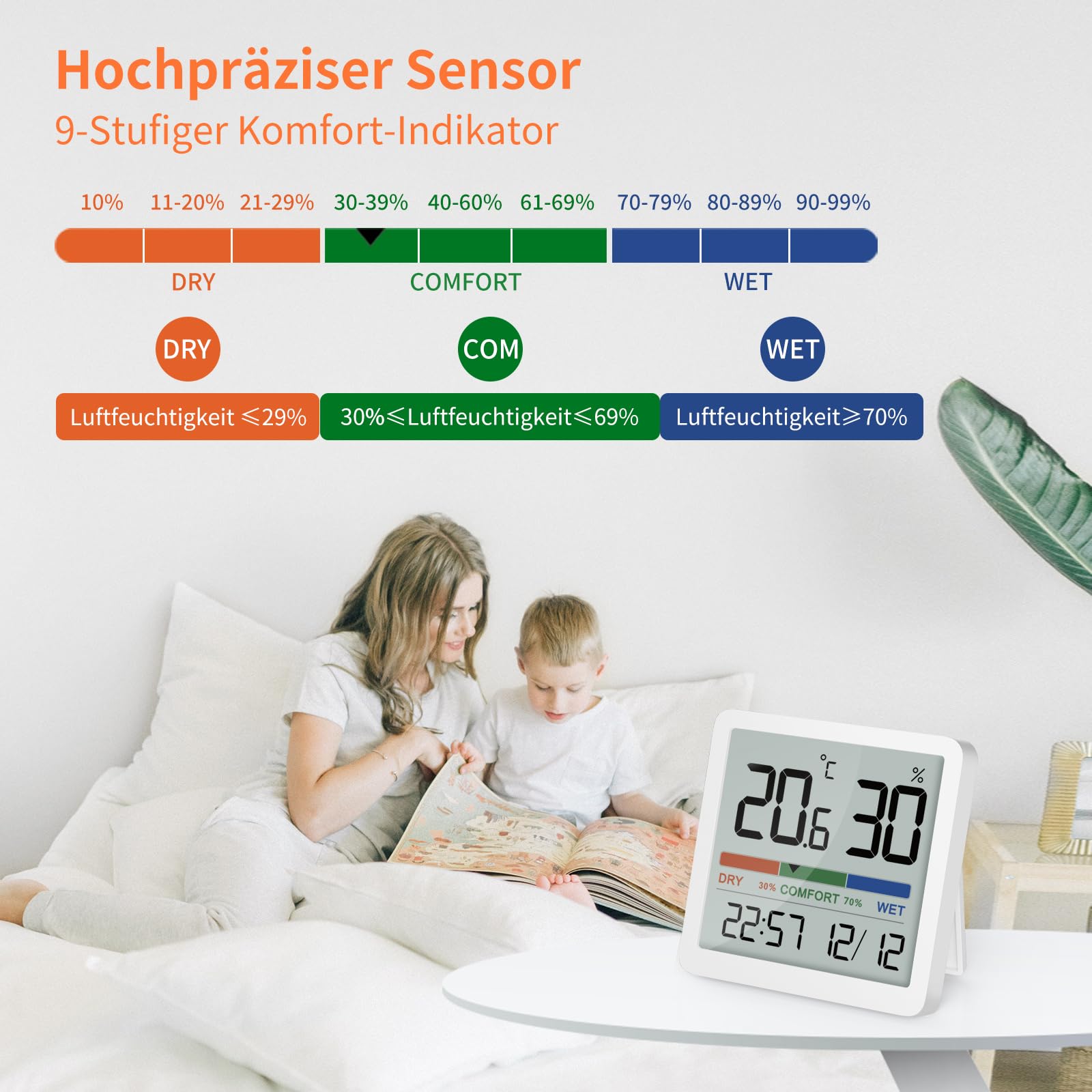 NOKLEAD Digital Thermometer Hygrometer-Innen Thermo Hygro Mini Raumthermometer Temperatursensor Feuchtigkeitsmesser mit Komfortanzeige ℃/℉ Umschaltbar,Datum 12/24Hr Uhr Kalibrierung,2 Stück