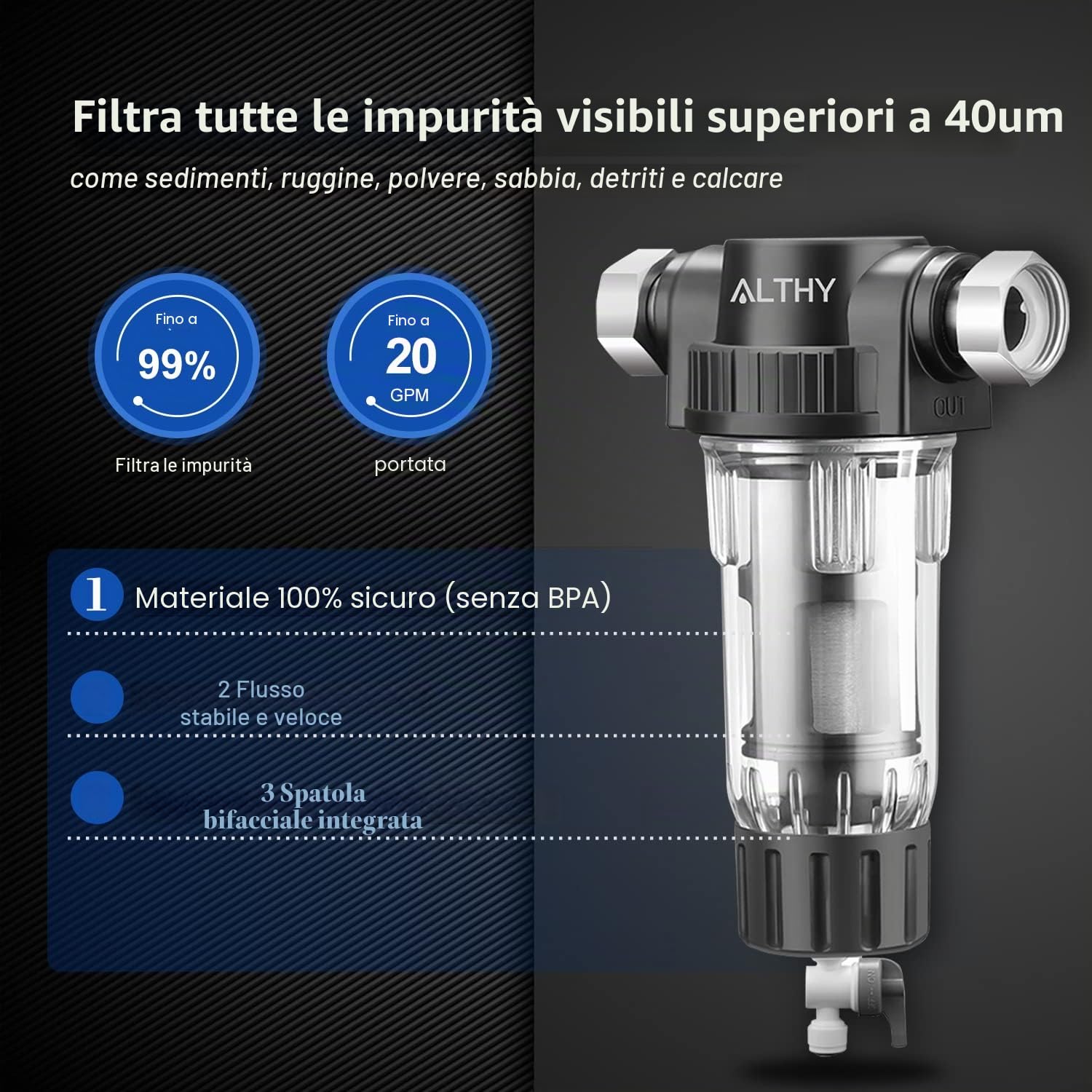 ALTHY Filtro per Sedimenti a Pulizia Rapida, Filtro per Sedimenti Riutilizzabile per Tutta la Casa, Sistema di Prefiltrazione Lavabile per Acqua di Rete/Pozzo, G1/2" + 3/4" (3 filtri inclusi)