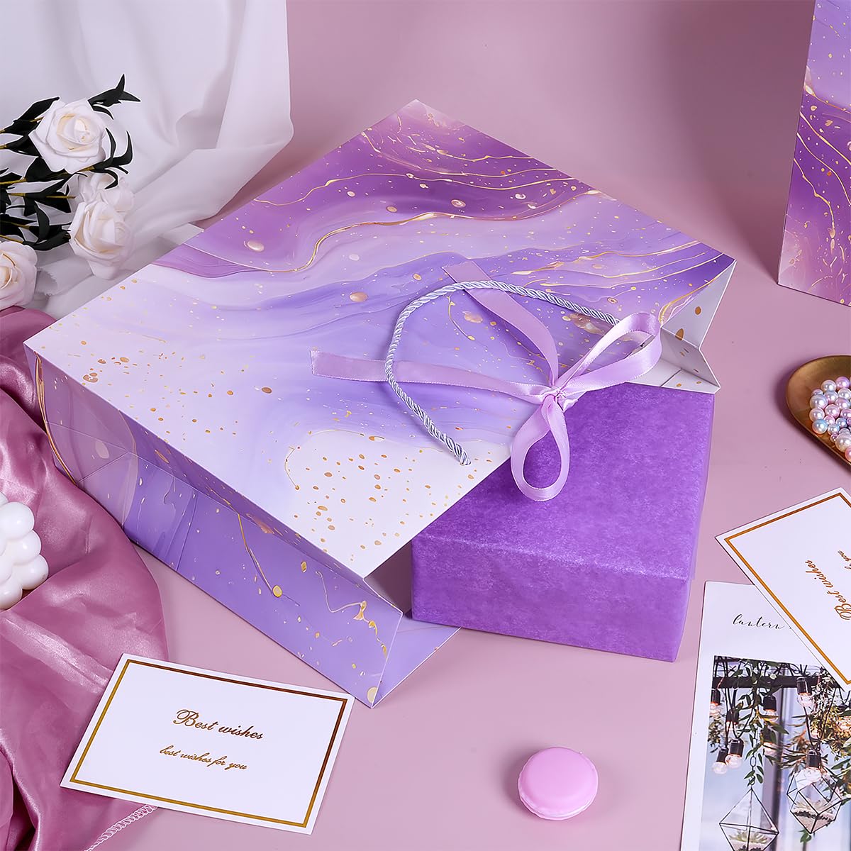Purple Gift Bags, 2PCS 13” Large Gift Bags with Tissue Paper and Greeting Cards, Gift Bag with Handles Bow for Women Girls, Purple Gift Bags for Birthday Wedding Bridal Baby Shower Anniversaries
