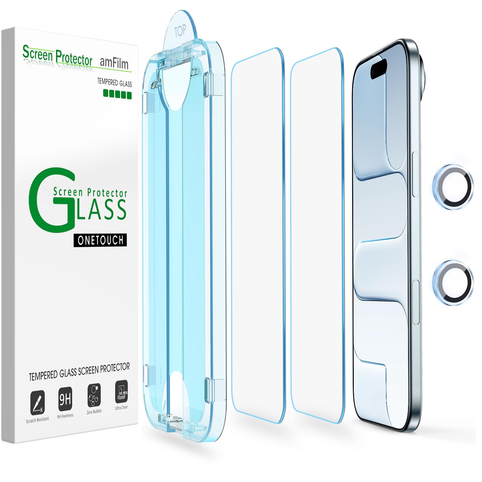 amFilm OneTouch Screen Protector for iPhone Air 17 6.5" + Camera Lens Protector | Auto-Alignment Install | Bubble Free | 9H Tempered Glass | Shatterproof | FHD Clarity | Case Friendly | 2+2 Pack PH17-6.5”