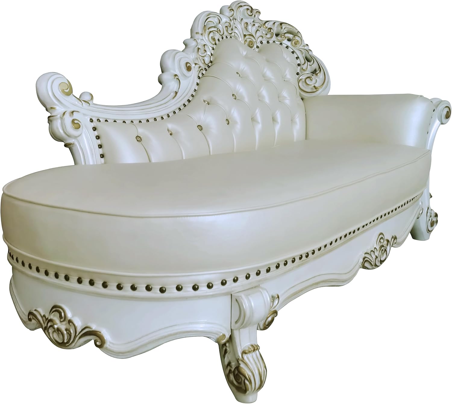 Acme Vendome Wooden Upholstered Chaise with Two Pillows in Pearl