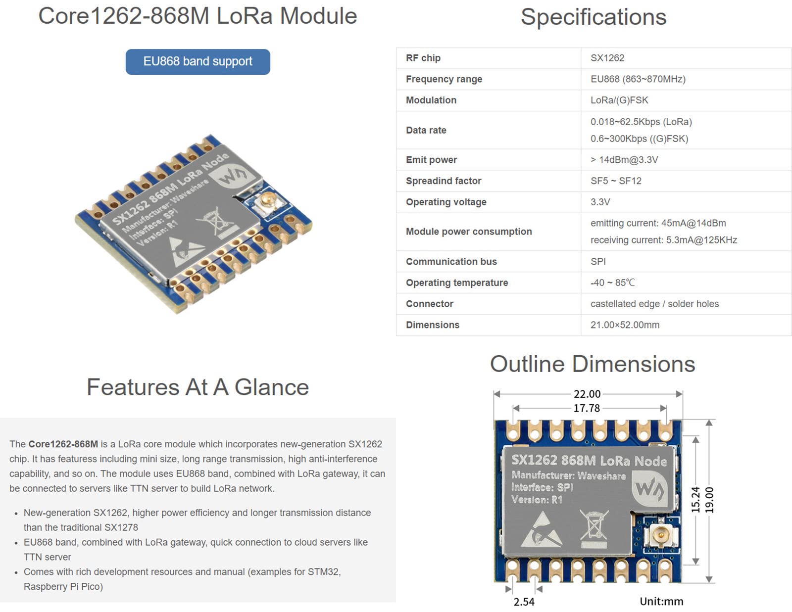Waveshare Core1262-868M LoRa Module, EU868 Band, Long Range, High Anti-Interference, Construction LoRa Network with Gateway & Server - 4