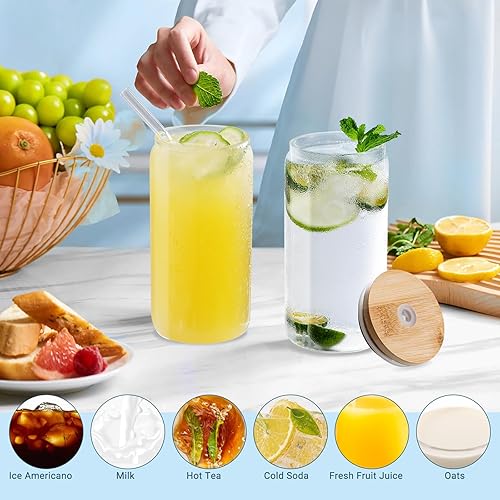 Miniatura 6 de Botellas de vidrio reutilizables para jugo de 16 onzas con tapas y popotes, cepillo para tazas, botellas de vidrio portátiles de viaje con tapas,