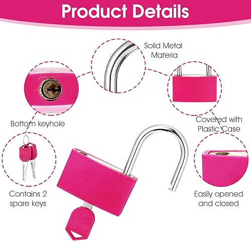 Miniatura 3 de Candado de casillero de gimnasio con llave, cerradura de casillero rosa de aluminio con 1.65 pulgadas de ancho, candado impermeable para cobertizo,