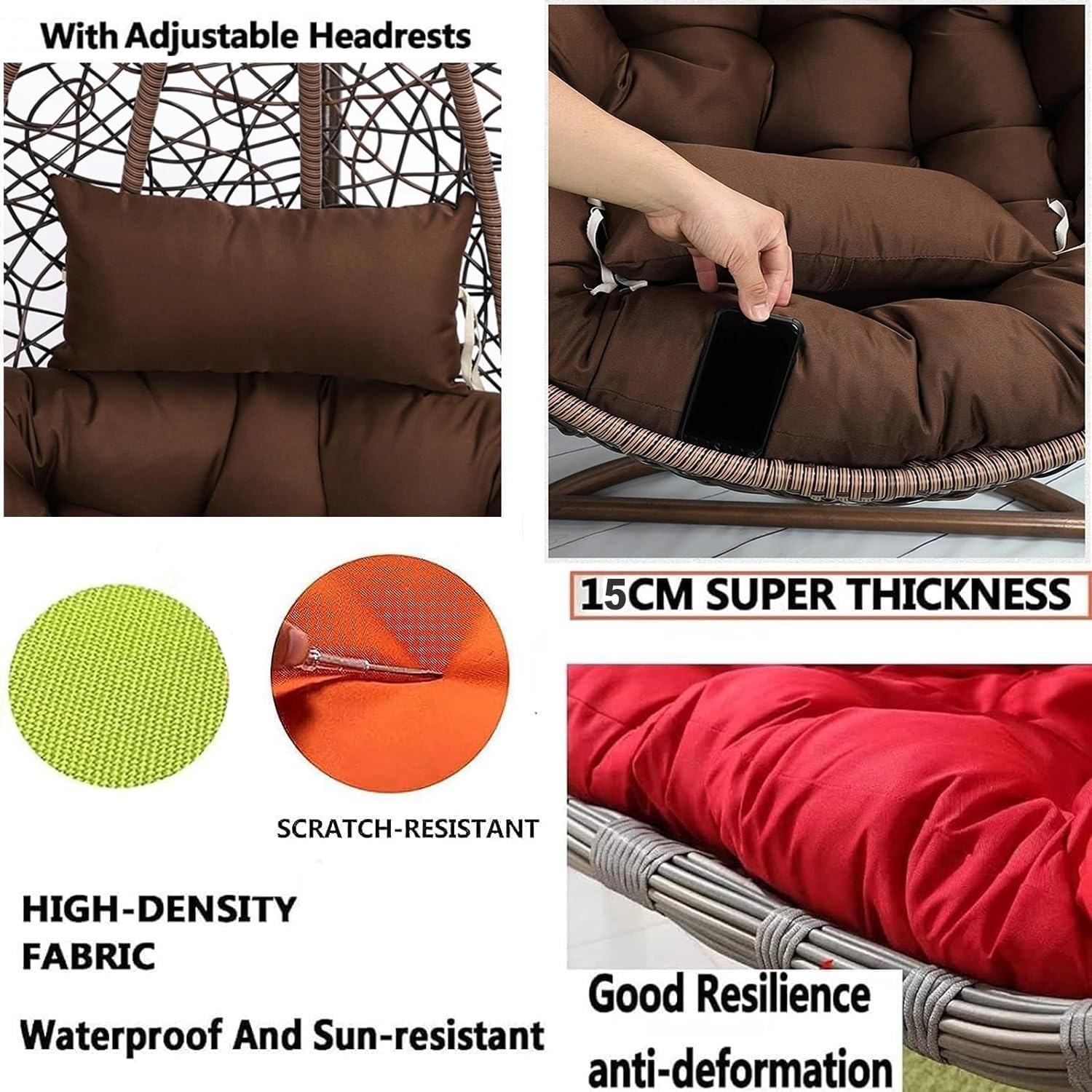 WUTTLE Hanging Basket Seat Cushion with Headrest, Thicken Hanging Egg Chair Cushion, Washable Hanging Basket Chair Cushion, Basket Egg Chair Cushion (ONLY CUSHION)(Gray)