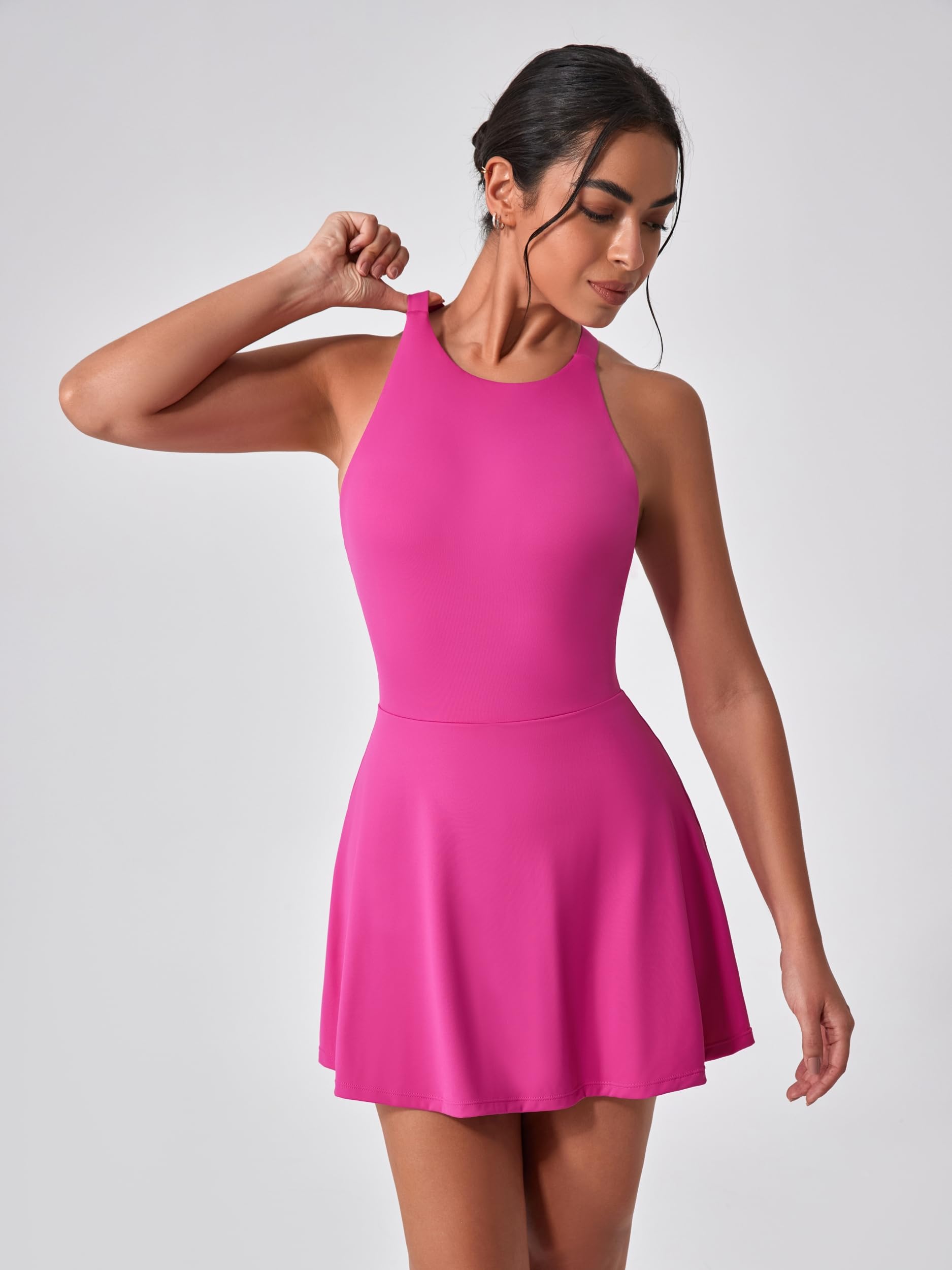 IDOPIP Abito da tennis, da donna, con reggiseno e pantaloncini integrati, tasca sul retro, per lo sport, per il tempo libero, per il fitness, lo sport
