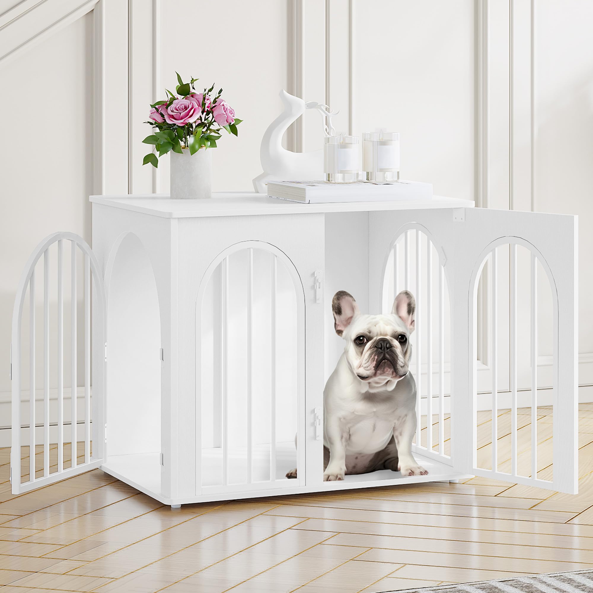 Hzuaneri Hundekäfig Möbel, 68cm Hundebox für Zuhause, 3 Türen, Bogentür, Moderne Hundebox Indoor für Hunde, Beistelltisch, Hundekäfig Hochbelastbar, 68 x 49 x 56 cm, Weiß DFC85513W