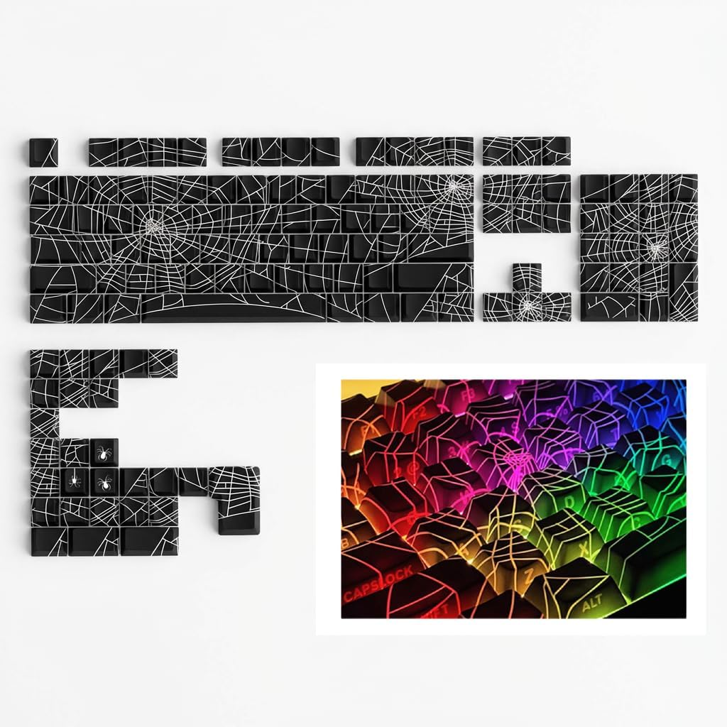PBT Keycaps, Cherry Height, Black with White Design Compatible with 61-108 Cherry Gateron MX Mechanical Gaming Keyboards, 6.25U Spacebar (Spider Web)
