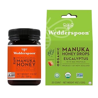Wedderspoon Raw Premium Manuka Honey KFactor 16+, Unpasteurized, Genuine New Zealand Honey, Eucalyptus + Bee Propolis, Unpasteurized, Genuine New Zealand Honey, Perfect Remedy For Dry Throat