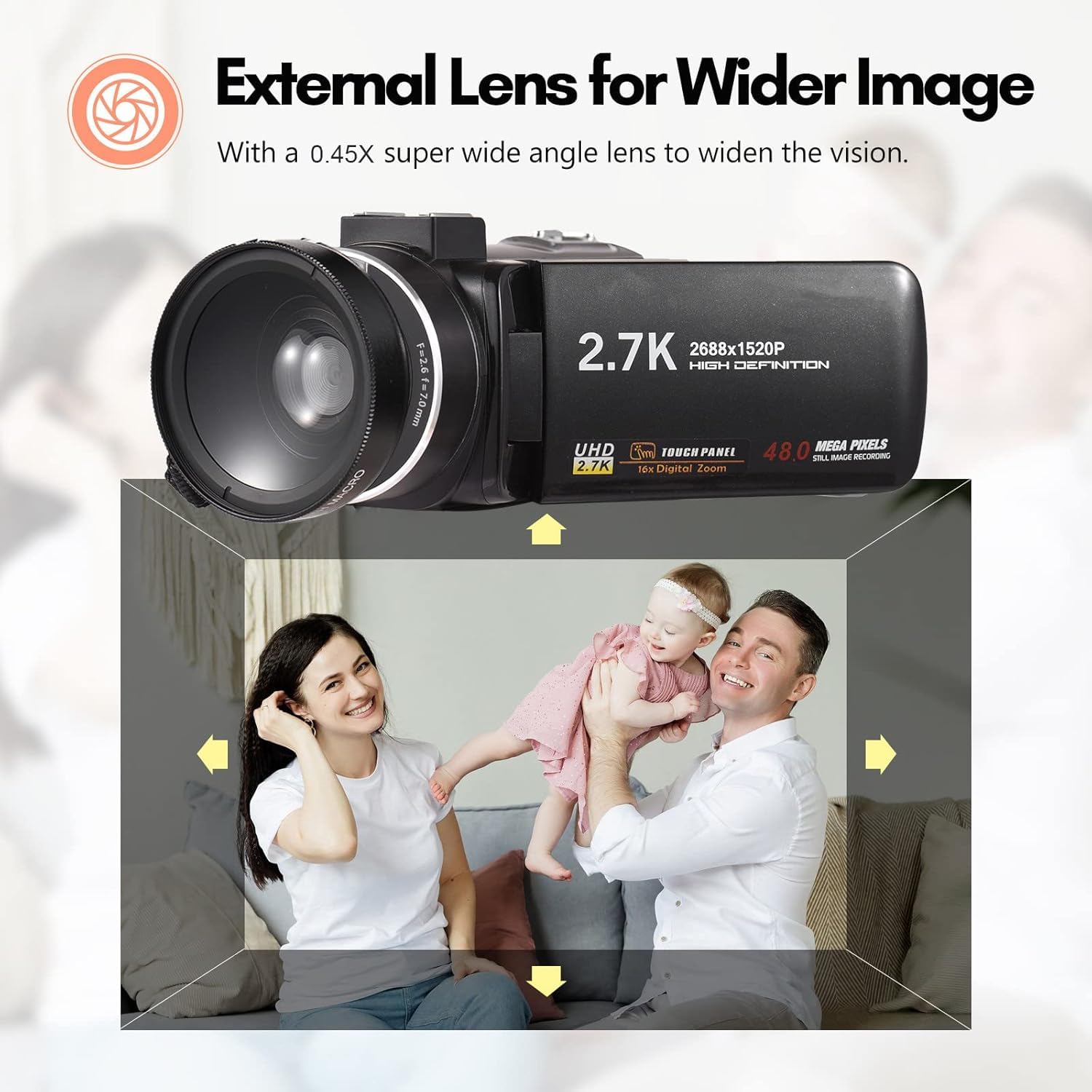 Andoer Caméra vidéo numérique 2.7 K,Enregistreur DV,48 MP,Zoom numérique 16x,Écran tactile IPS de 7.6 cm,Télécommande,Mini trépied,Microphone externe,Objectif macro grand angle 0.45 x