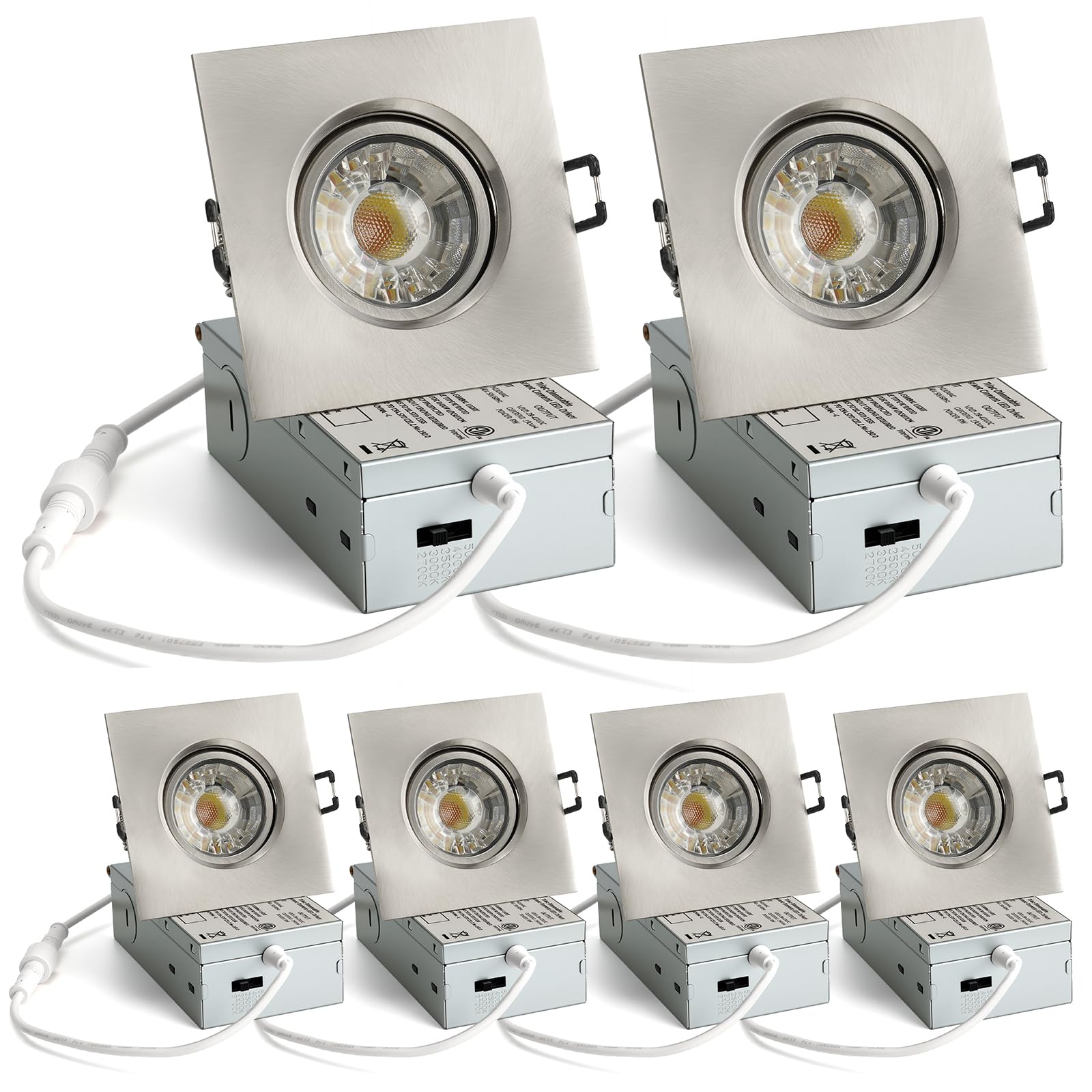 3 Inch Gimbal LED Recessed Light 5CCT Selectable Square Recessed Light, 360° and 30° Rotatable Downlight with Junction Box, 850Lm 8W 120V Dimmable, 3 Inch 6Pack Brushed Nickel