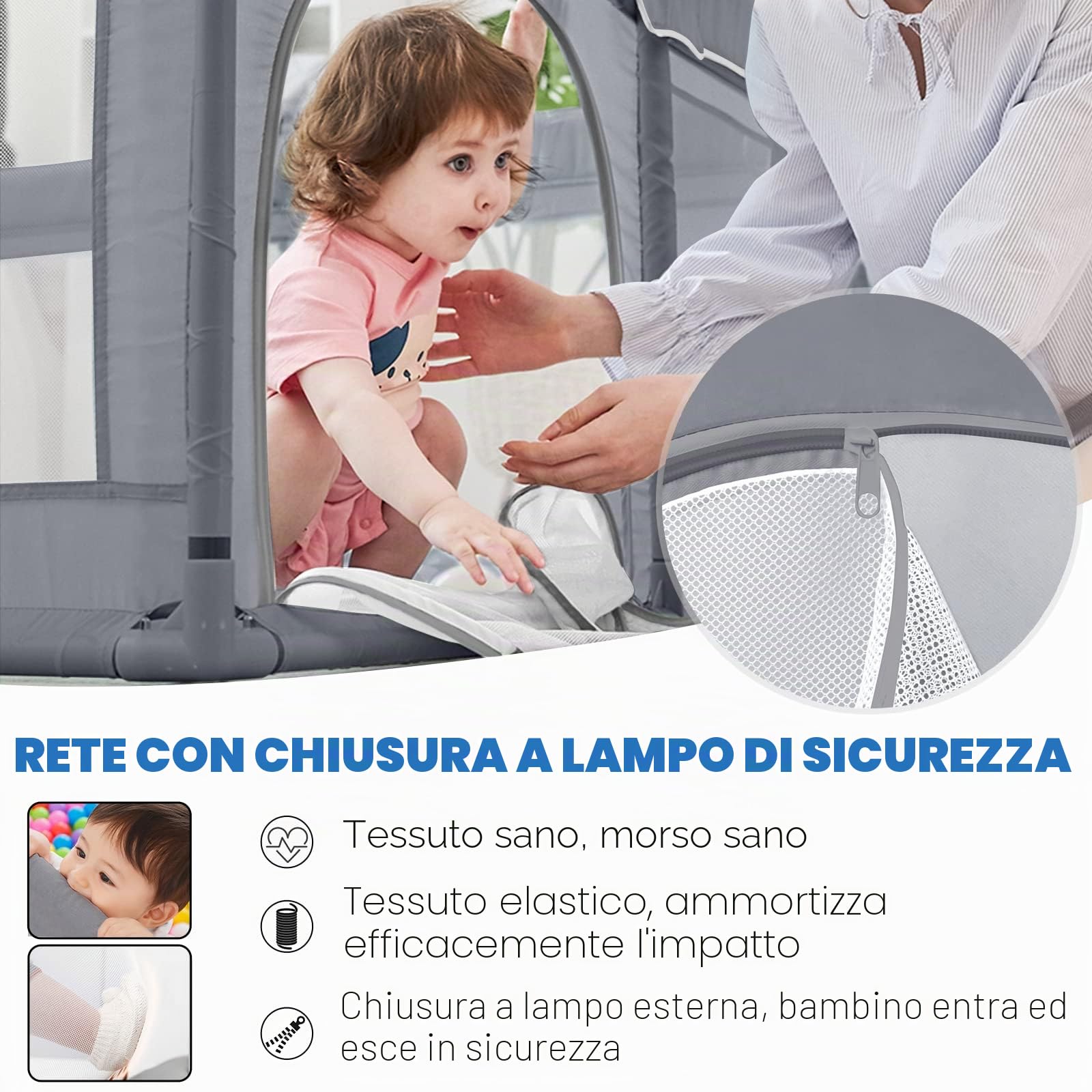LZQ Recinto Gioco Grigio per Bambini, Ventose Fisse, 150x180x68 cm | Rete traspirante trasparente, struttura robusta, antiscivolo, sicura protezione bimbi, montaggio semplice e veloce