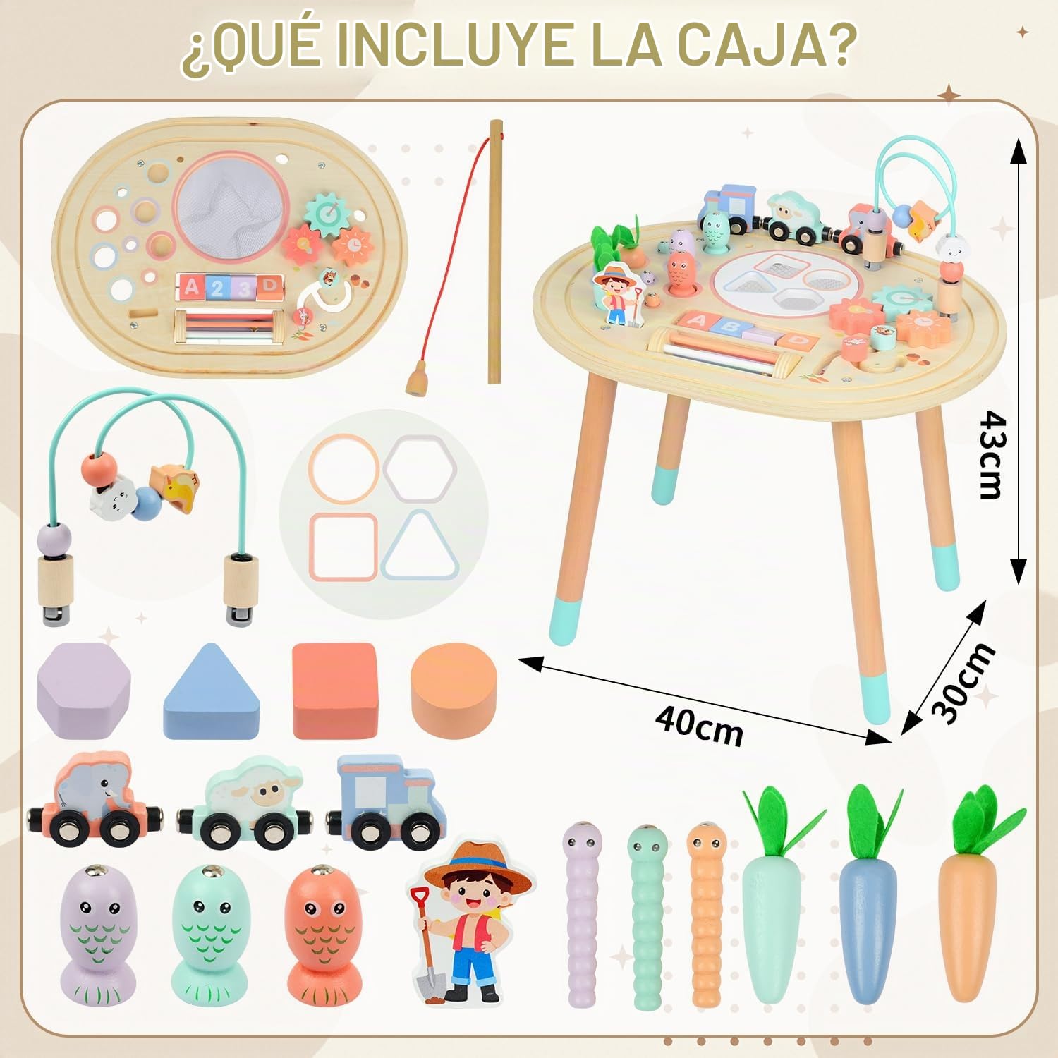10-en-1 Mesa de Actividades Bebés, Montessori de Madera para Niños 1Años | Juguete Sensorial con Juego de Pesca, Tren de Animales y Clasificador de Formas, Regalo Cumpleaños Navidad para Niña Niño