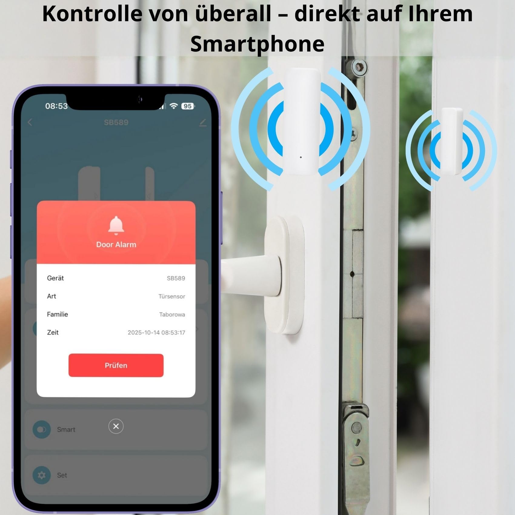 Sone Smart One Türsensor Alarm, Fenstersensor Drahtloser. Alarm in Echtzeit. WLAN WiFi Smart Life/Tuya App kompatibel mit Alexa/Google Home