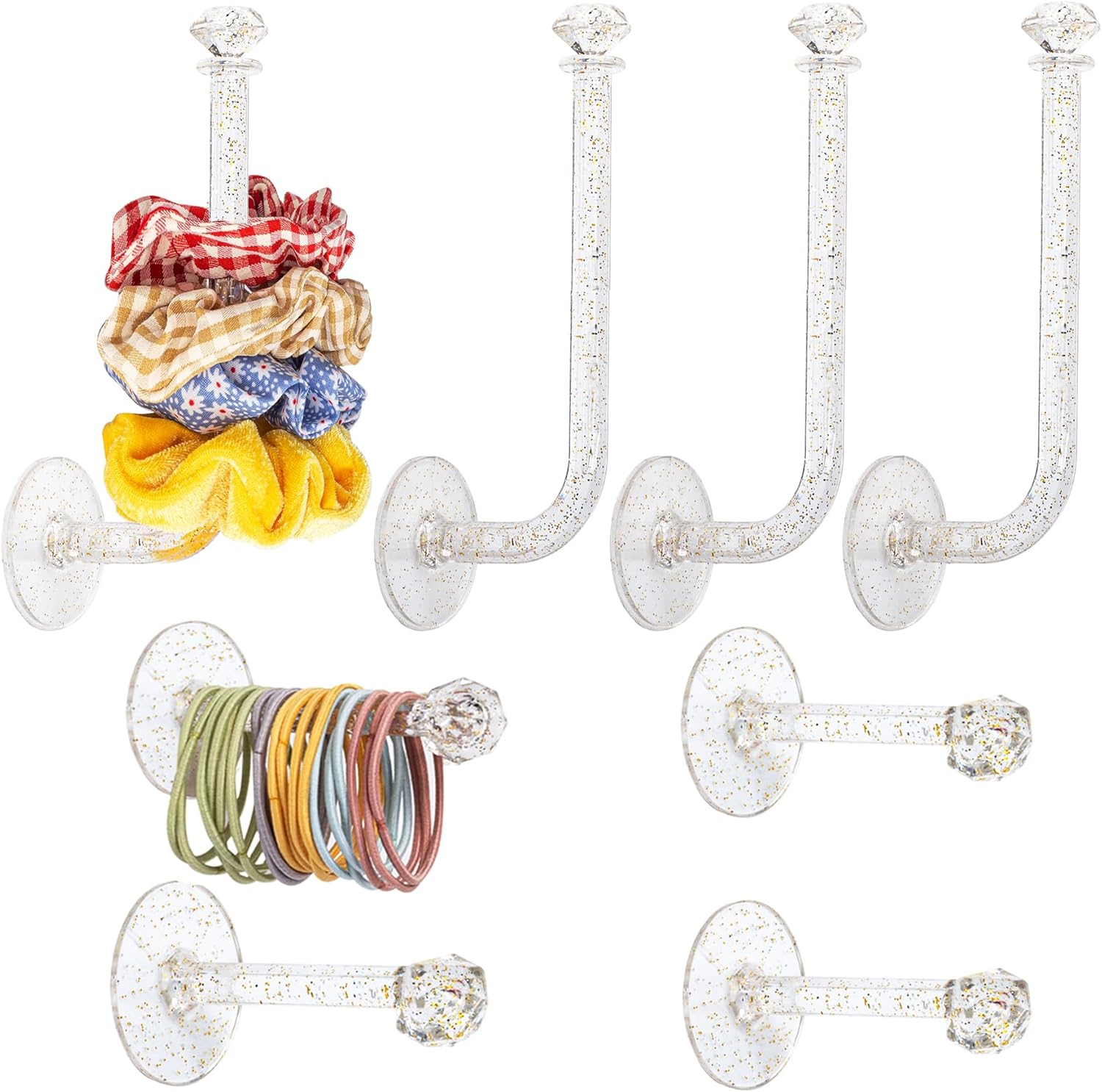 8Pcs Headband Holder Stand Scrunchie Organizer, Girls Hair Accessories Organizer Storage for Headband Hairband Hair Ties, Acrylic Clear Glitter Adhesive Scrunchy Holder Scrunchie Tower Storage 8Packs Clear