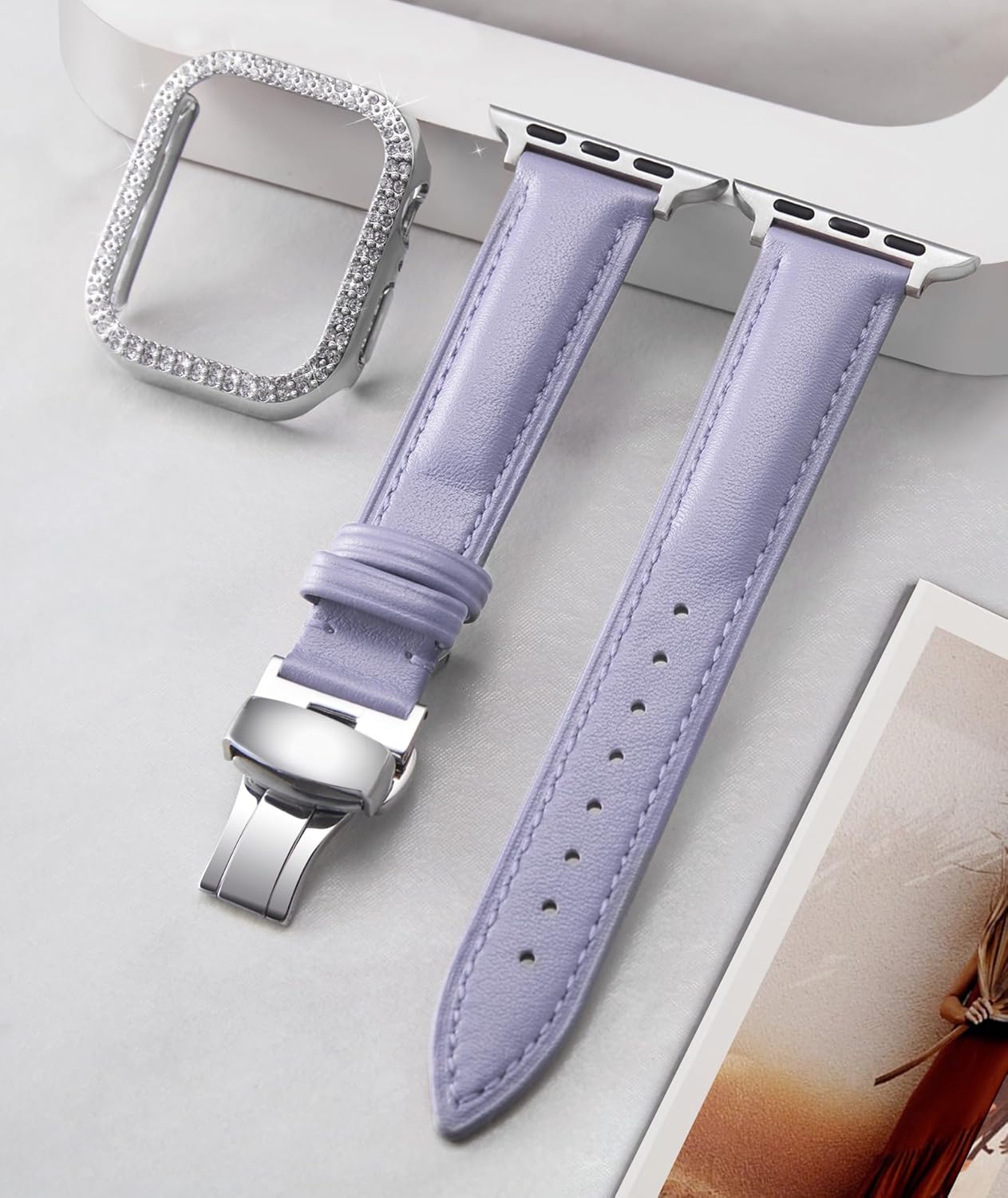 BINLUN Leather Band Compatible with Apple Watch 46mm 45mm 44mm 42mm 41mm 40mm Women Leather Strap with Glitter Diamond Case Compatible with iWatch Series 11/10/9/8/7/SE3/SE2/SE/6/5/4