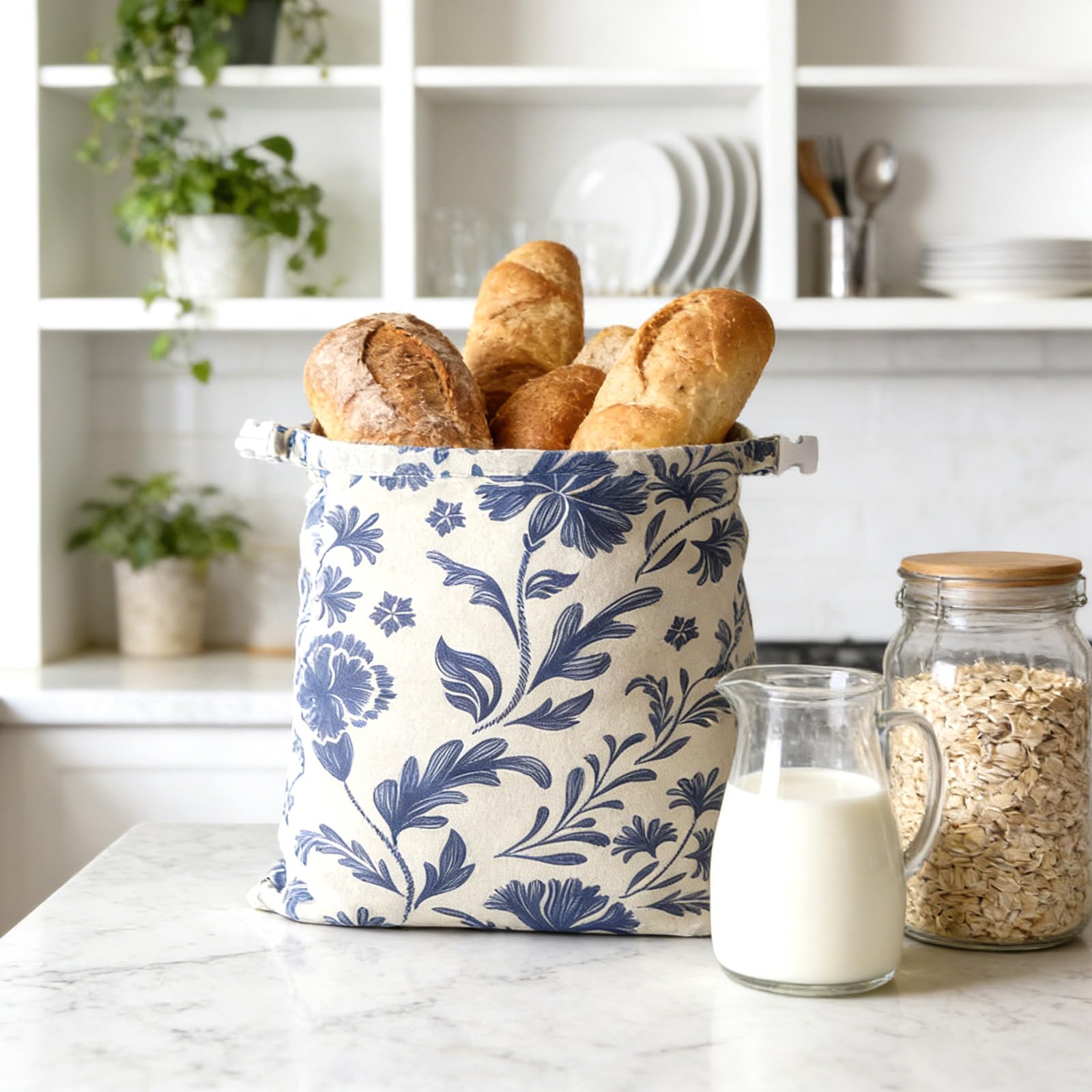 Wiederverwendbare Brottasche XL mit blauem Blumenmuster, 30,5 x 43,2 cm, Bienenwachs-Alternative für Sauerteigbrot, Baumwollleinen, umweltfreundliche Lebensmittelaufbewahrung, hält Brot länger frisch