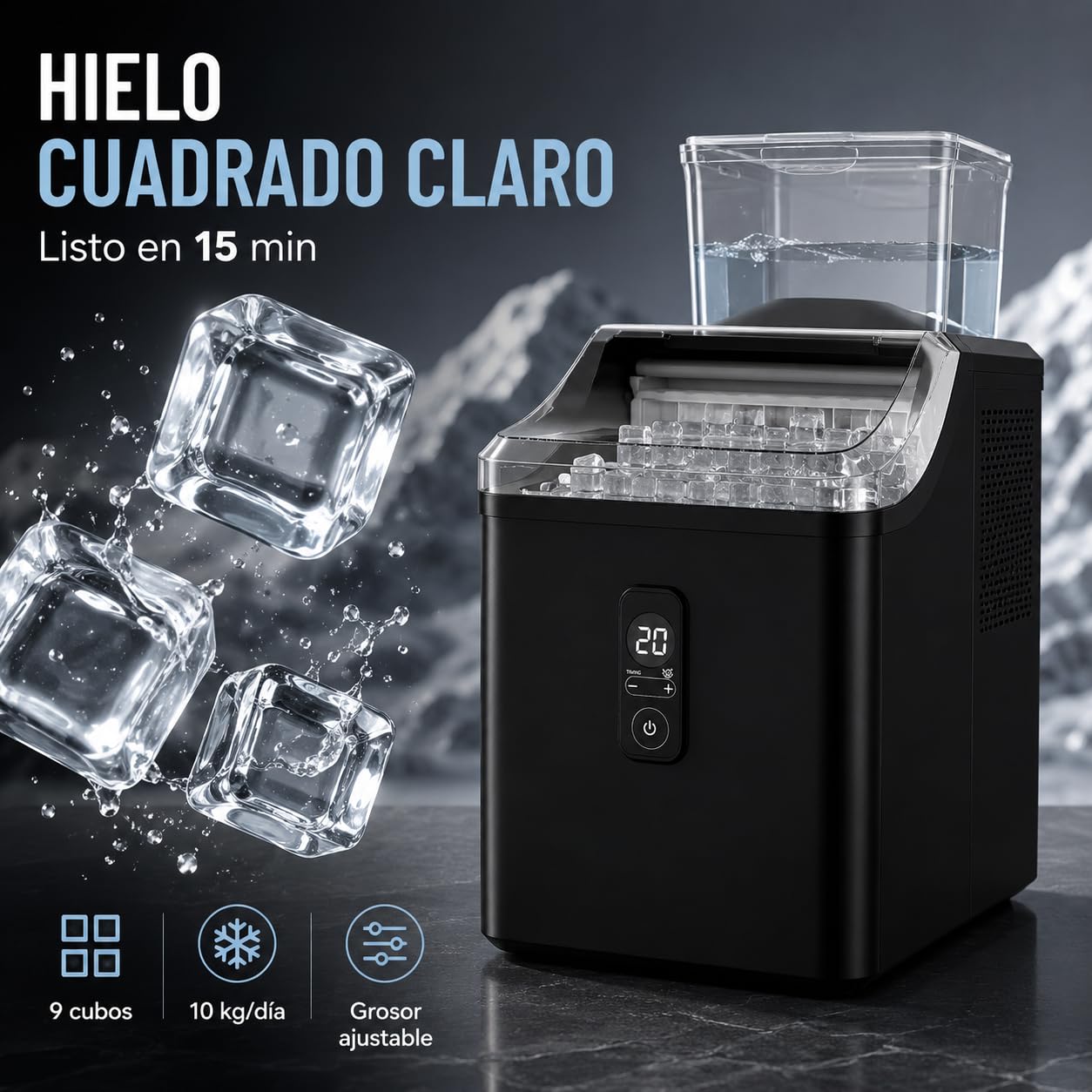 Máquina de Hielo Cubitos Cuadrados 10kg/24h, 9 Cubos en 15 Min | Cubitos transparentes ideales para whisky, cócteles y café frío. Panel digital, temporizador 24h y autolimpieza automática.
