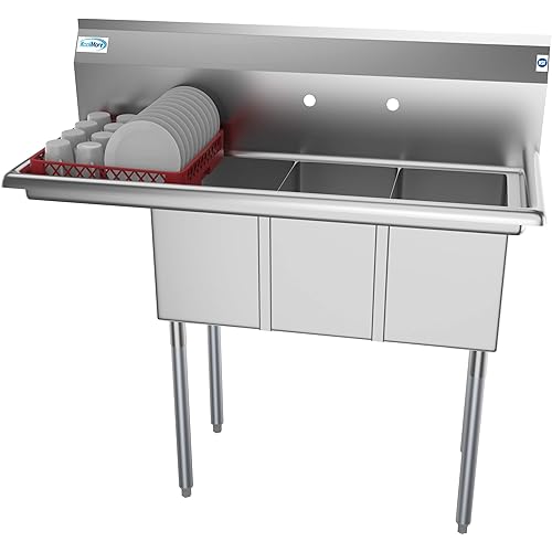 KoolMore - SC101410-12L3 3 Compartment Stainless Steel NSF Commercial Kitchen Sink with 1 Drainboard - Bowl Size 10" x 14" x 10", Silver