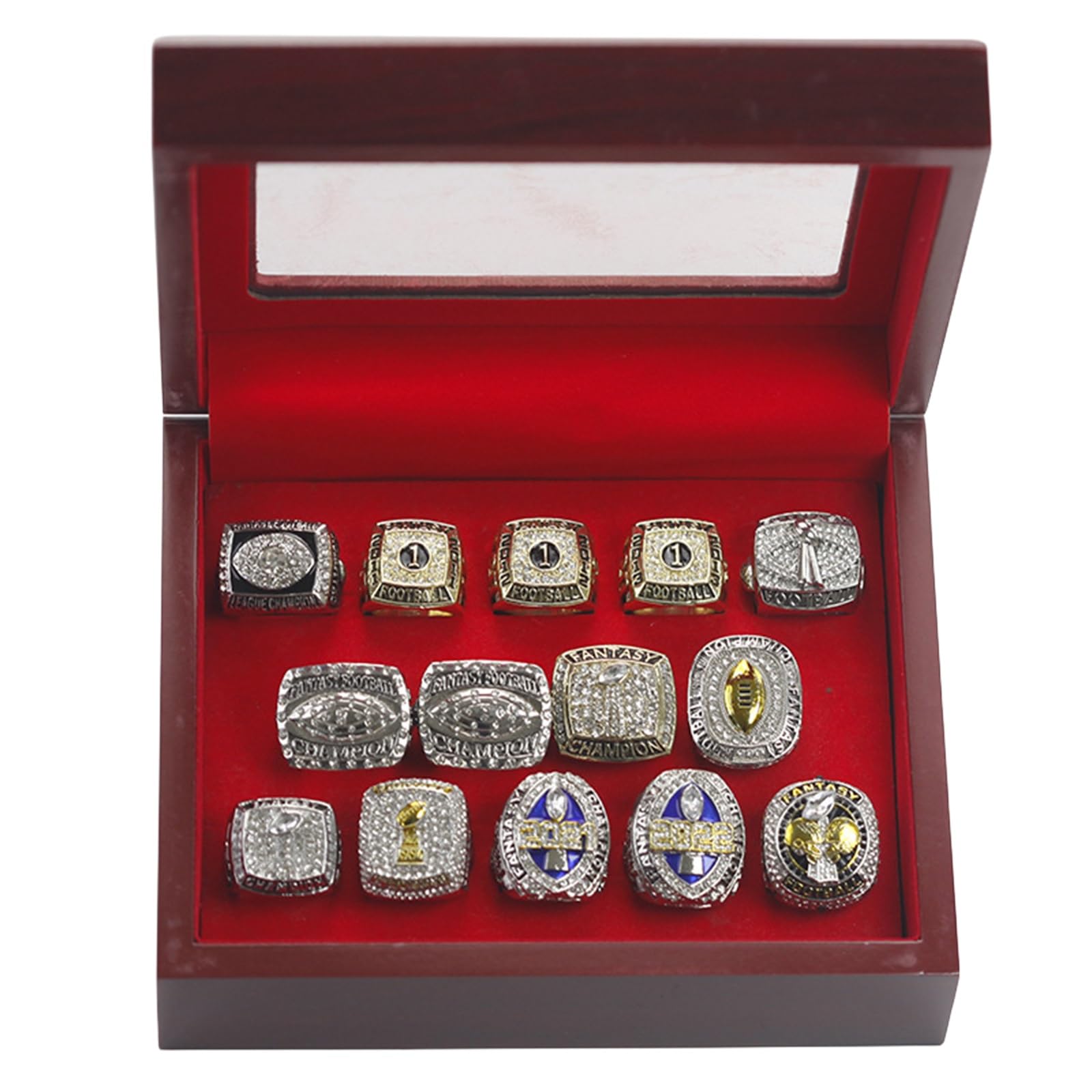 HYKJSHED 14PCS Fantasy Football Rings 2010 to 2023 Championship Rings Collection Championship Trophy Gift Box Ring Display Box