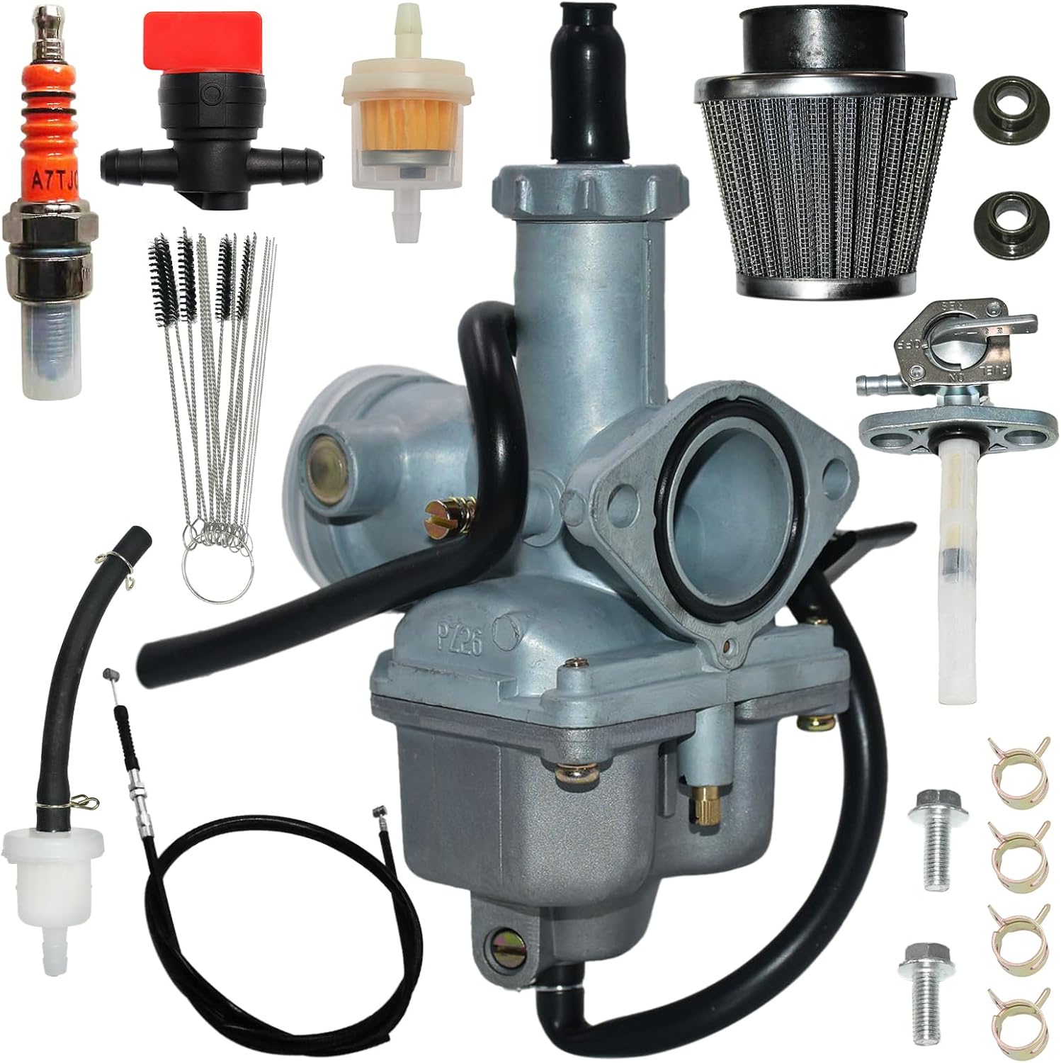 PZ26 26mm Carburetor and Throttle Cable Air Filter PZ26 Fit for Honda Dirt Bike XR100 XR100R XL100S XR200 XR200R XL125S CB125S CRF100F Carb with Fuel Petcock Valve Assembly for Honda XR CRF 100