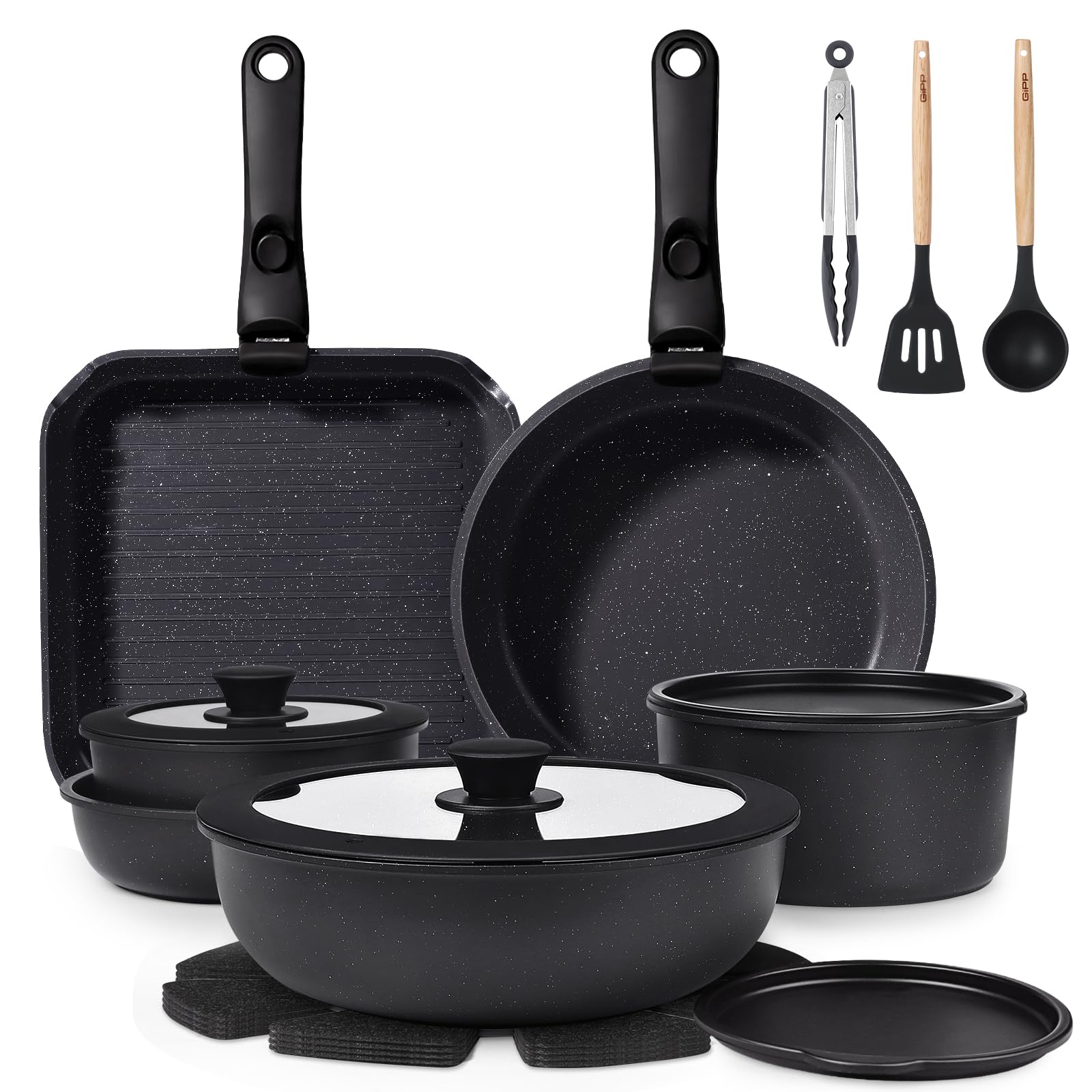 GiPP 19 Pezzi Set di Pentole Antiaderente Compatibile Induzione, Nero