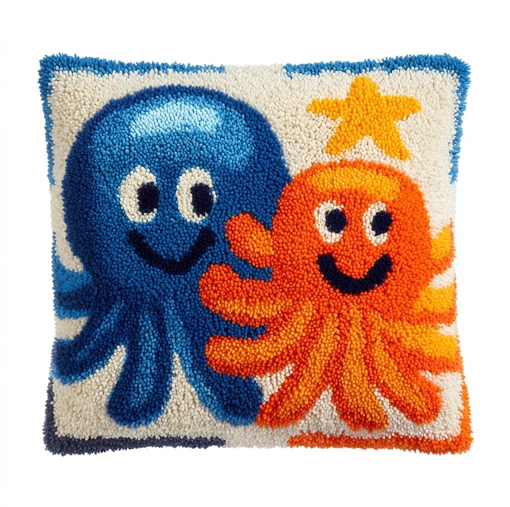 Taxpy Animal Latch Hook Kit Cushion for Adults,Octopus and Star 17X17Inch,DIY Pre-Printed Craft Latch Hook Rug Kits Cross-Stitch Embroidery Pillow Cover Kit for Christmas/S Home Sofa Decoration