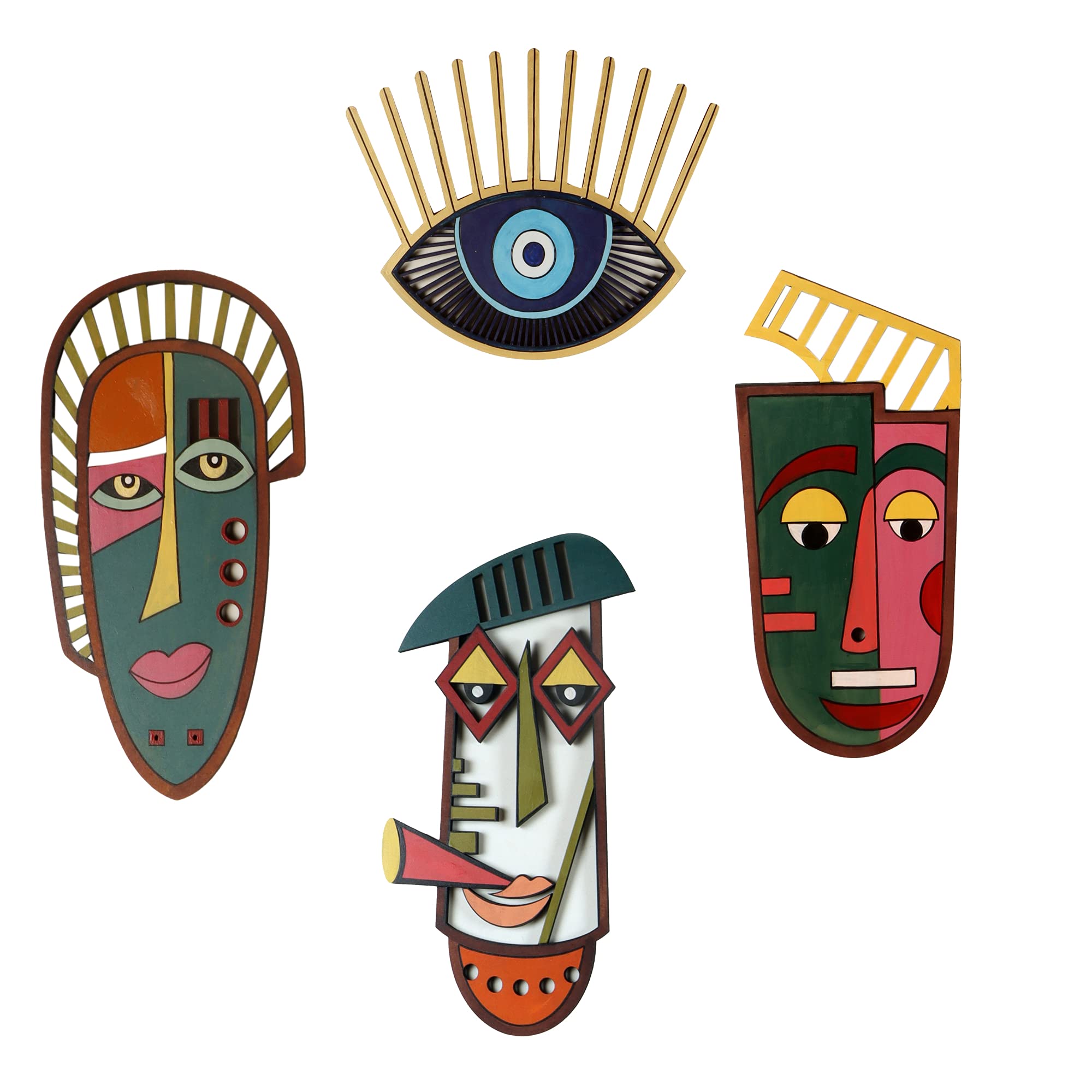 AAKRITI ART CREATIONS Studio Faces Handcrafted Wooden Tiki Masks Set of 4 for Wall Decor | Wall Hanging Showpiece for Home Decor | Wall Decor Items for Living Room | Housewarming Gift Showpiece-image-11