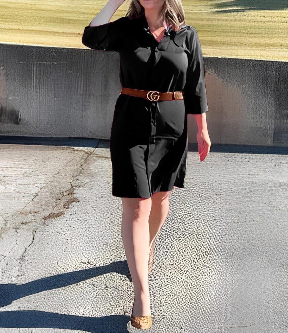 Fronage Women's Casual Cotton Linen Shirt Dress Button Down 1/2 Long Sleeve Lapel V Neck Summer Midi Dresses with Pockets - Image 4