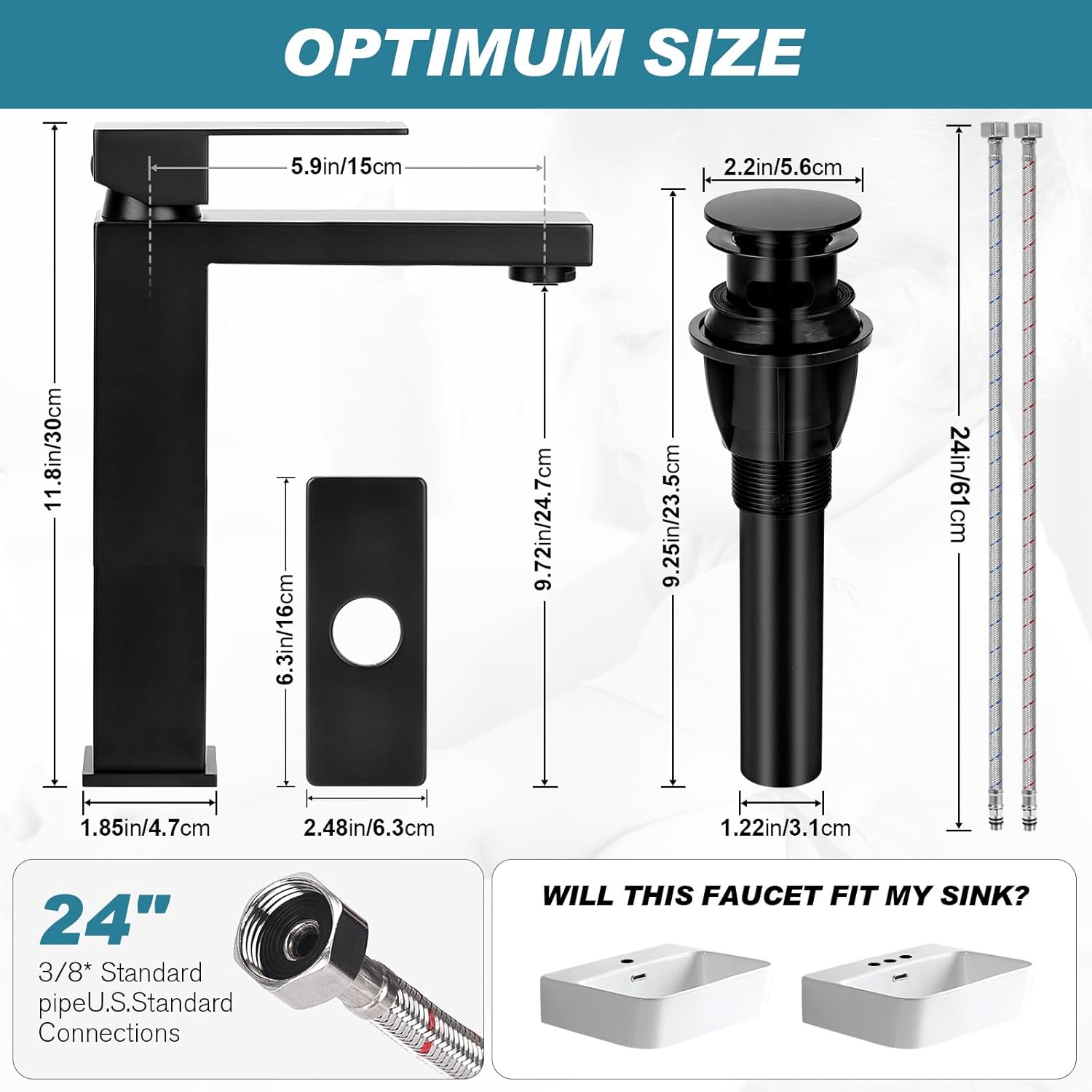 Matte Black Stainless Steel Single Handle Bathroom Faucet with Pop Up Drain