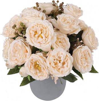 Artificial Peonies Silk Flowers, Beige Faux Peony Bouquet 4 Bundles Florals Arrangements Decor for Farmhouse Home Boho Wedding Table Centerpiece, Fake Plastic Flowers Bulk for Vase Decoration Beige