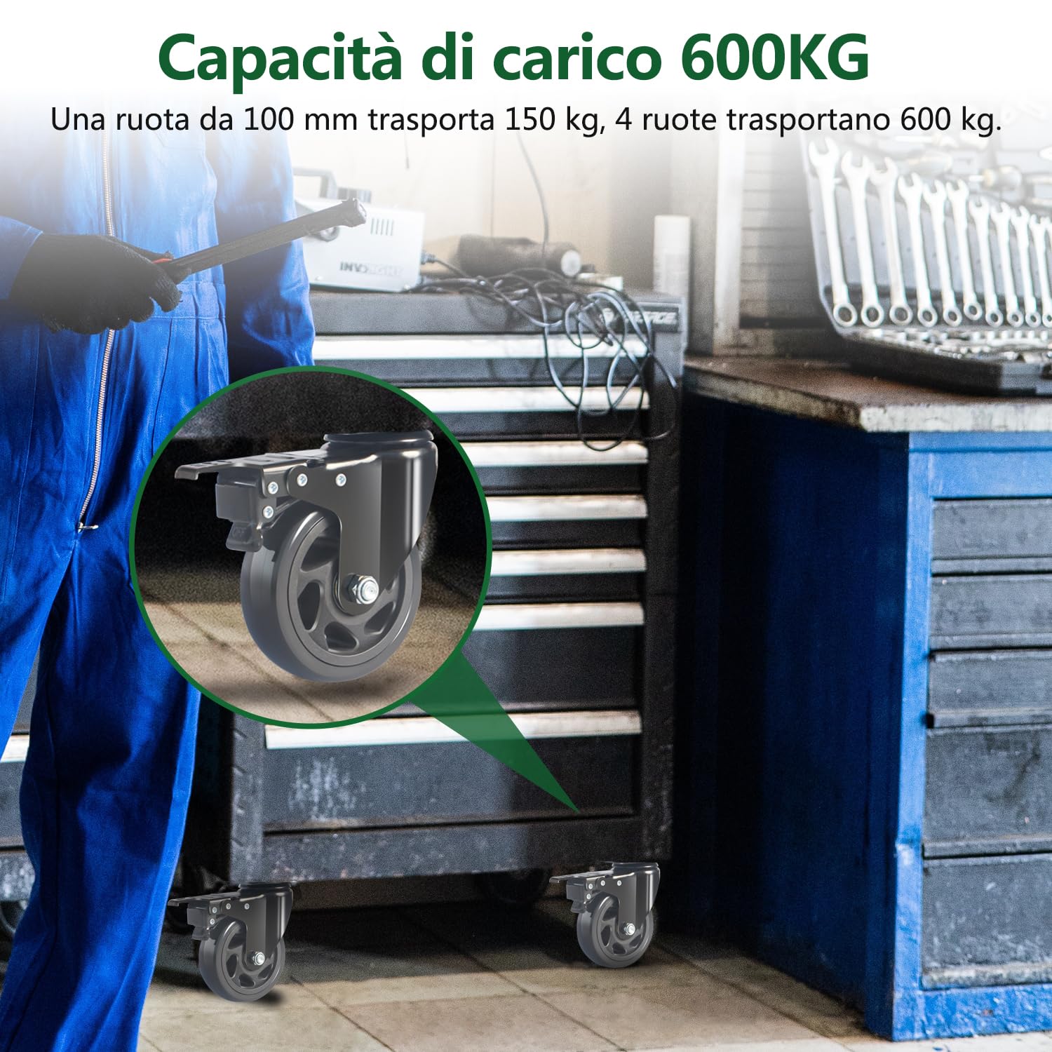 Ruote per Mobili Pesanti da 100MM, Ruote per Carrello con Freno Carico 600kg, Set di 4 Rotelle Girevoli per Mobili Rotanti a 360°, Ruota Pesanti Rotelle in PU Silenziose e Resistenti