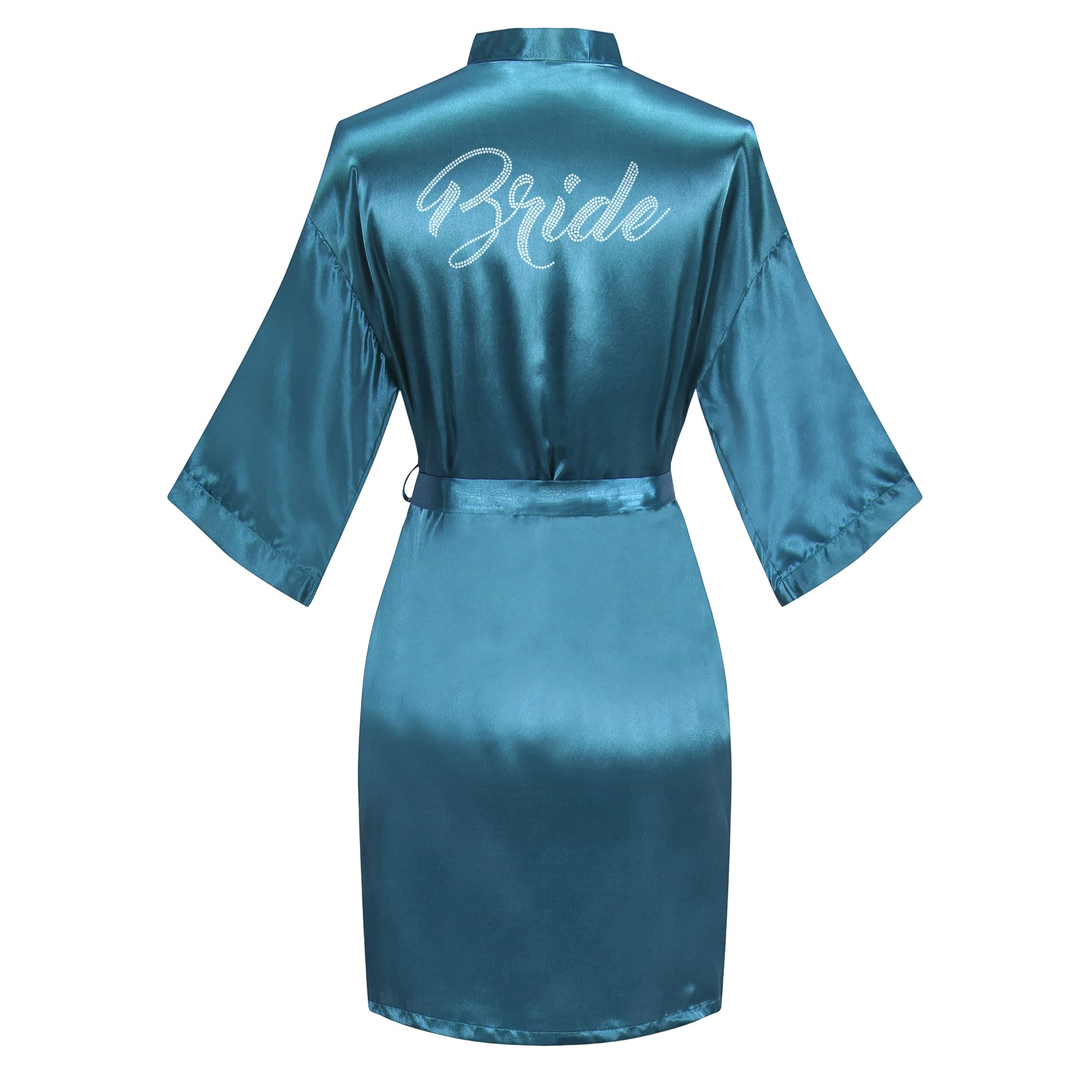 Women's Satin Robe Short Kimono for Bride &amp; Bridesmaid with Silver Rhinestones, Wedding Party Robes