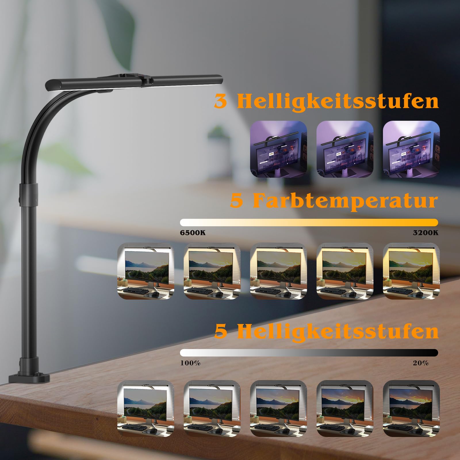 tantu Doppelkopf Schreibtischlampe LED dimmbar,24W 80CM Schreibtischlampen klemmbar,5 Farb 5 Helligkeitsstufen Tageslichtlampe Schreibtisch,Verstellbarer Schwanenhals Bürolampe Augenschutz (grau)