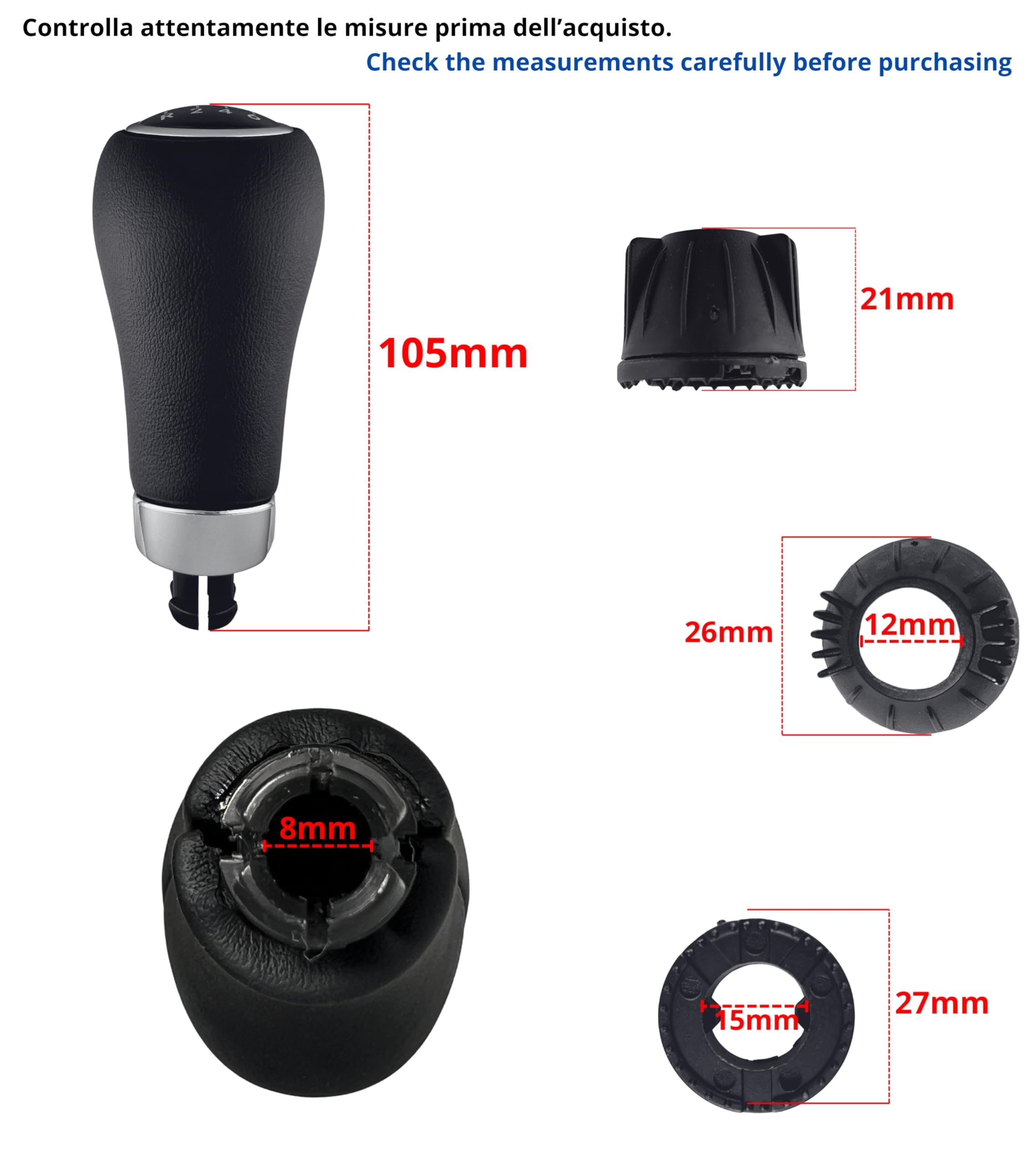 1neiSmartech Pomello Leva Cambio Manuale 6 Marce Compatibile con Mercedes Classe A B C E CLK Pre-Facelift 2000–2012, con Foro 8mm, Inserti Argento, Retromarcia a Sinistra