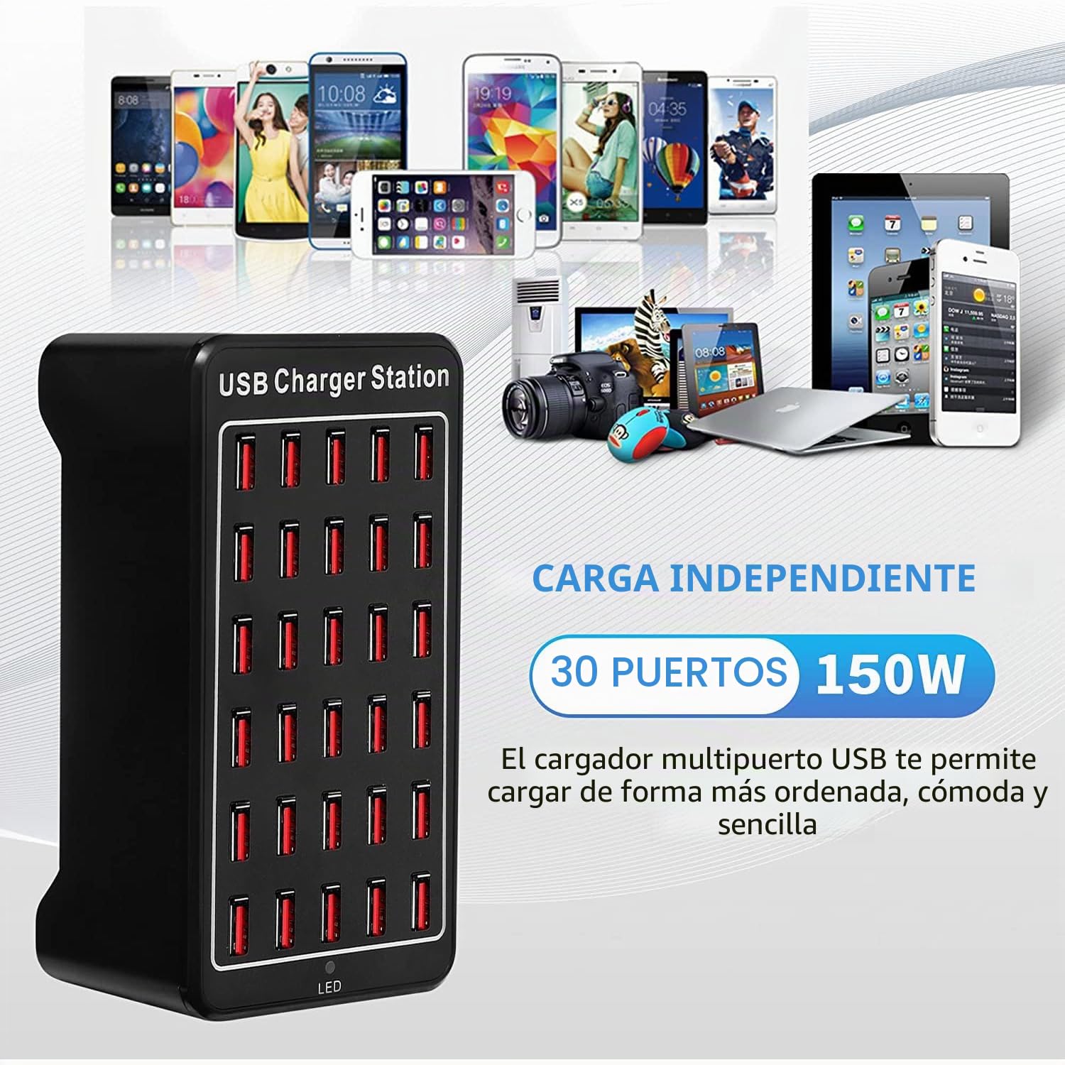 Cargador USB de 30 Puertos, 150W/30A Cargador Inteligente USB, Concentrador de Carga de sobremesa 30 en 1, Estación de Carga multipuertos para Samsung/iPhone/iPad/Google Pixel/Tablets