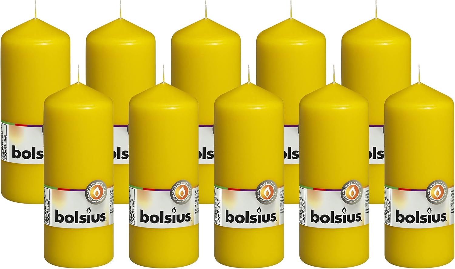 BOLSIUS 10 Yellow Pillar Candles - 2.25 x 6 Inches - Premium European Quality - Individually Wrapped - 42 Hours Burn Time - Dripless Smokeless Unscented Dinner, Wedding, Party, & Restaurant Candles